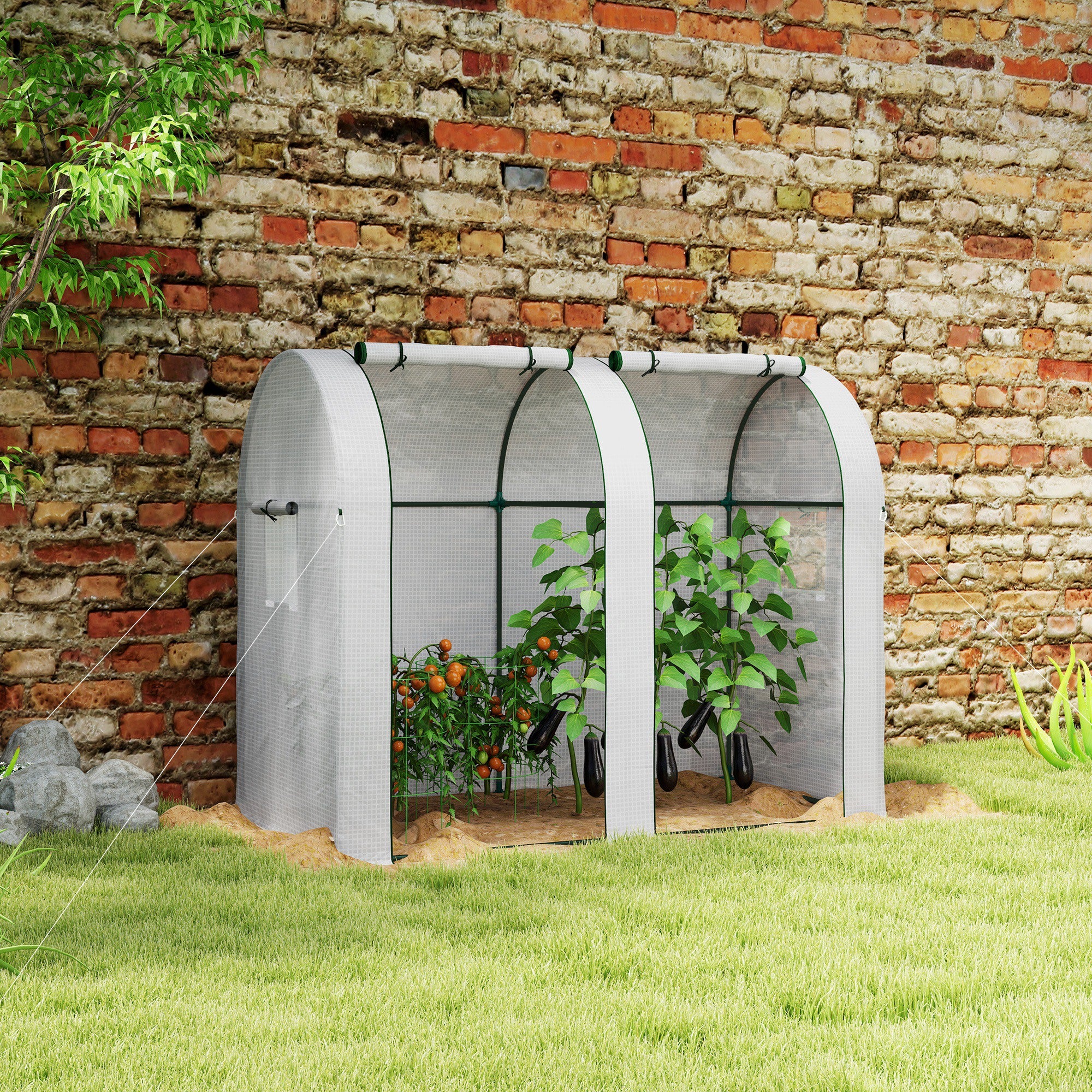 Garden Greenhouse 1.8 m² Tomato Greenhouse dim. 1.85L x 0.9W x 1.5H m 2 sliding zip doors 4 roll-up windows steel PE high density 135 g/m² anti-UV white