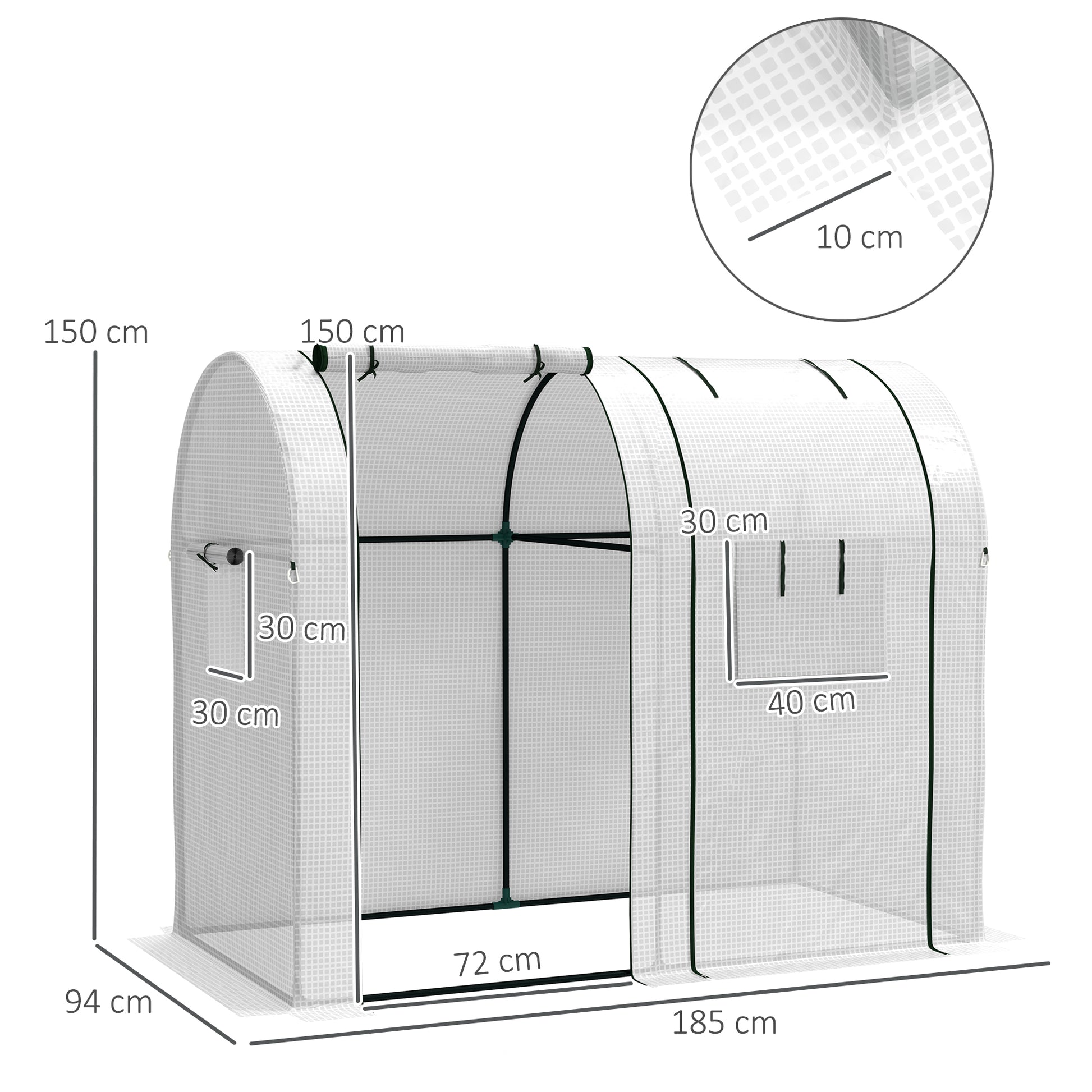 Garden Greenhouse 1.8 m² Tomato Greenhouse dim. 1.85L x 0.9W x 1.5H m 2 sliding zip doors 4 roll-up windows steel PE high density 135 g/m² anti-UV white