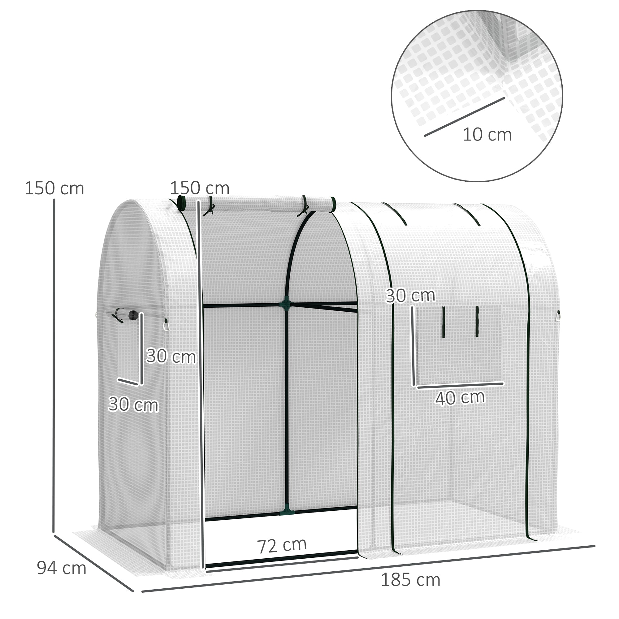 Garden Greenhouse 1.8 m² Tomato Greenhouse dim. 1.85L x 0.9W x 1.5H m 2 sliding zip doors 4 roll-up windows steel PE high density 135 g/m² anti-UV white