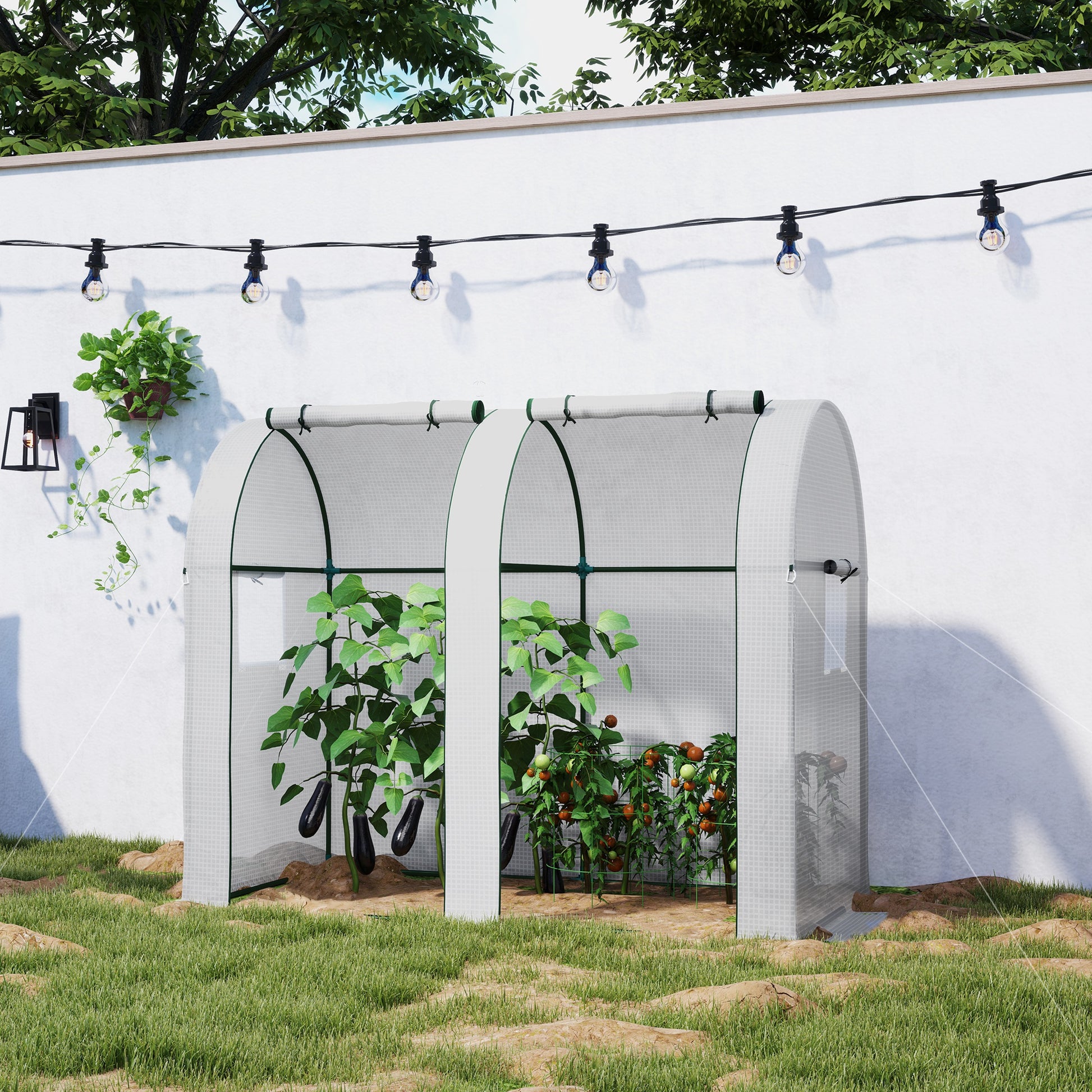 Garden Greenhouse 1.8 m² Tomato Greenhouse dim. 1.85L x 0.9W x 1.5H m 2 sliding zip doors 4 roll-up windows steel PE high density 135 g/m² anti-UV white