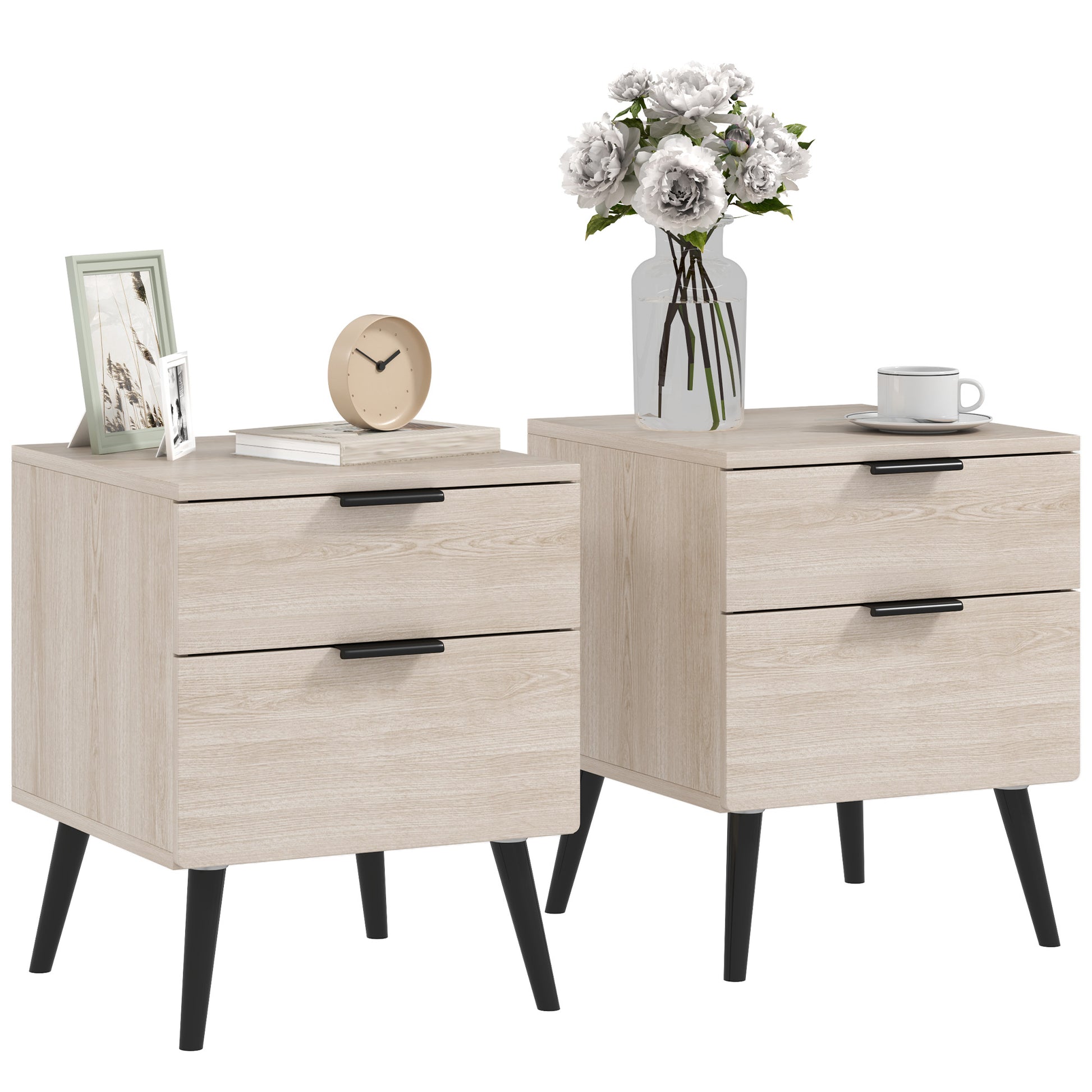 Set of 2 Bedside Tables, Modern Nordic Style Nightstand, with Two-level Drawer, Solid Wood Legs, for Bedroom, Living Room, Oak Effect