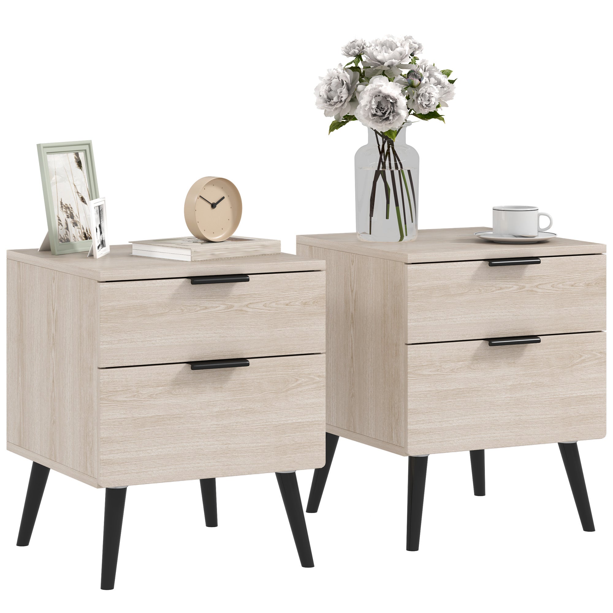 Set of 2 Bedside Tables, Modern Nordic Style Nightstand, with Two-level Drawer, Solid Wood Legs, for Bedroom, Living Room, Oak Effect