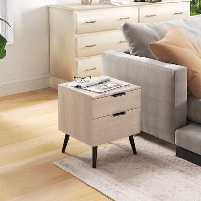 Set of 2 Bedside Tables, Modern Nordic Style Nightstand, with Two-level Drawer, Solid Wood Legs, for Bedroom, Living Room, Oak Effect