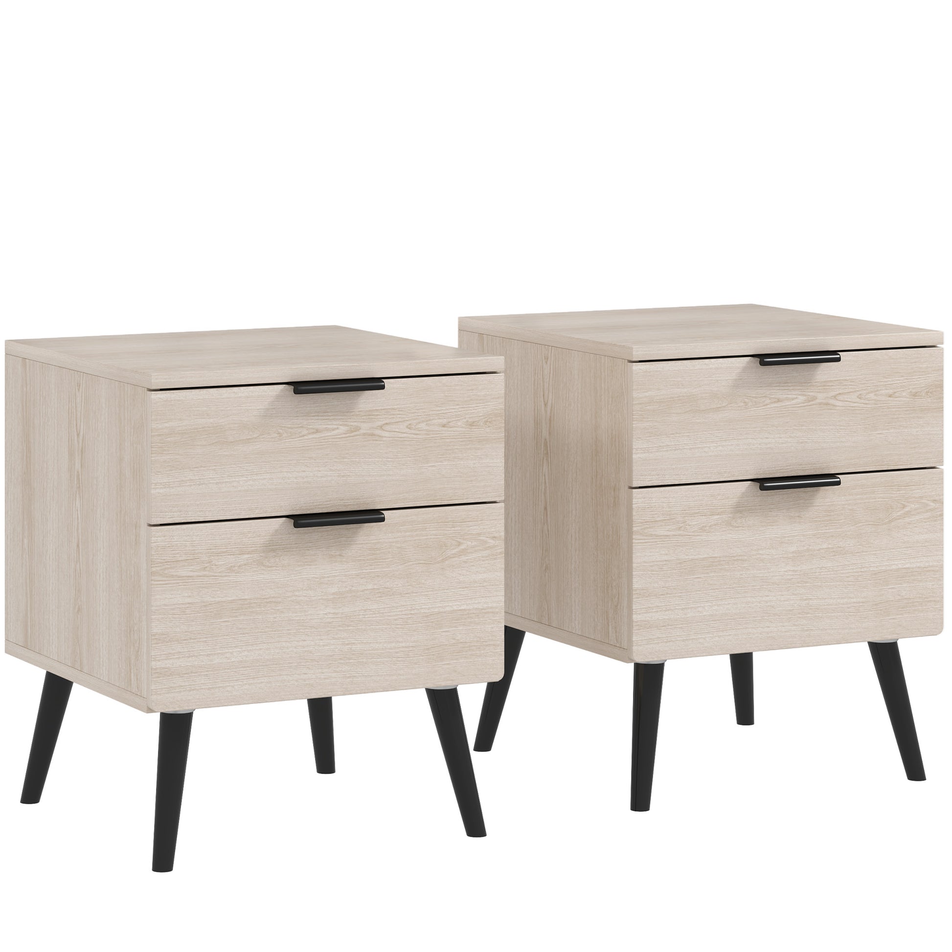 Set of 2 Bedside Tables, Modern Nordic Style Nightstand, with Two-level Drawer, Solid Wood Legs, for Bedroom, Living Room, Oak Effect