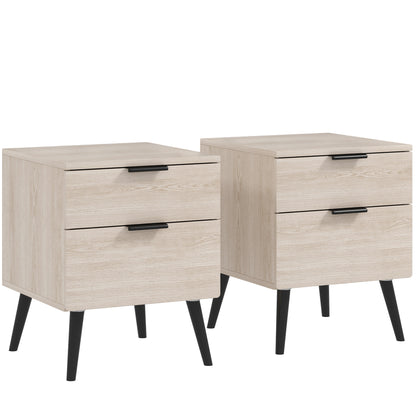 Set of 2 Bedside Tables, Modern Nordic Style Nightstand, with Two-level Drawer, Solid Wood Legs, for Bedroom, Living Room, Oak Effect