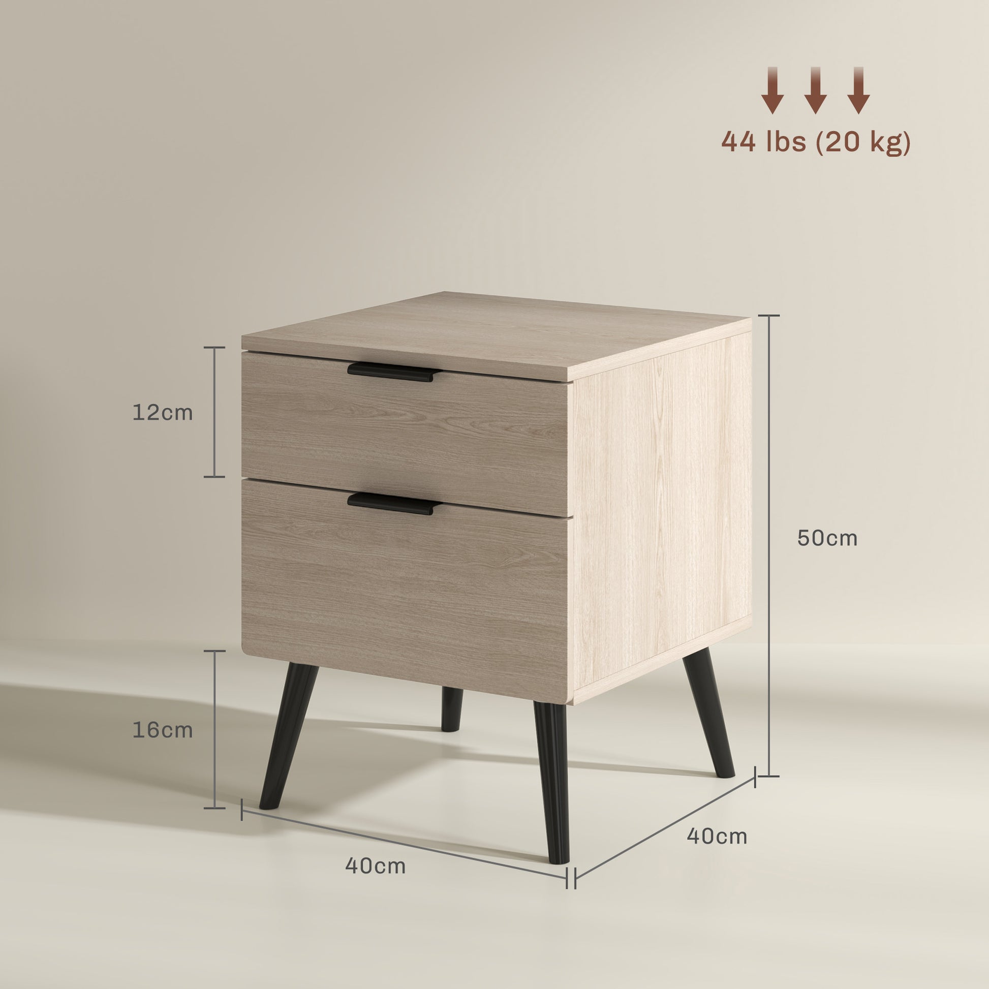 Set of 2 Bedside Tables, Modern Nordic Style Nightstand, with Two-level Drawer, Solid Wood Legs, for Bedroom, Living Room, Oak Effect