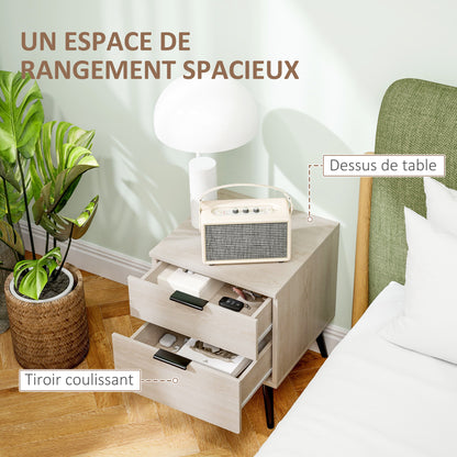 Set of 2 Bedside Tables, Modern Nordic Style Nightstand, with Two-level Drawer, Solid Wood Legs, for Bedroom, Living Room, Oak Effect