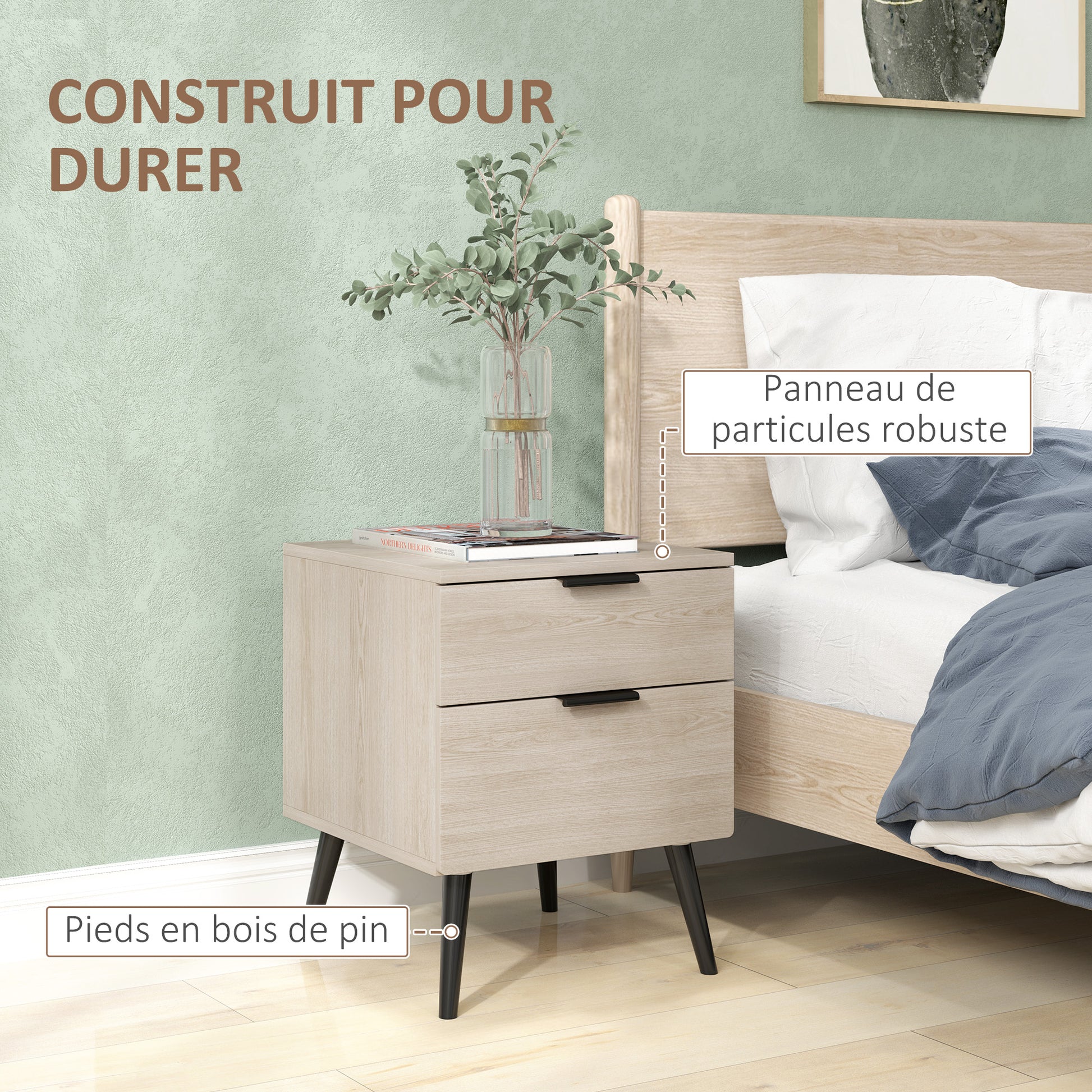 Set of 2 Bedside Tables, Modern Nordic Style Nightstand, with Two-level Drawer, Solid Wood Legs, for Bedroom, Living Room, Oak Effect