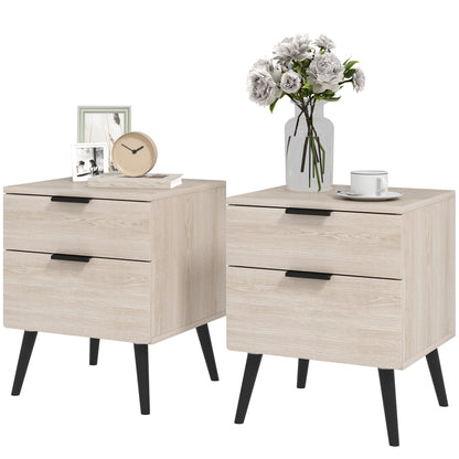 Set of 2 Bedside Tables, Modern Nordic Style Nightstand, with Two-level Drawer, Solid Wood Legs, for Bedroom, Living Room, Oak Effect