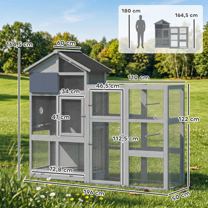 Wooden Bird Aviary with Extension — 6 Perches, 7 Doors, Storage Compartment, Pull-Out Drawer, Stainless Bowls for Finches & Budgies, Gray — 196 x 60 x 164.5 cm (77.2 x 23.6 x 64.8 in)