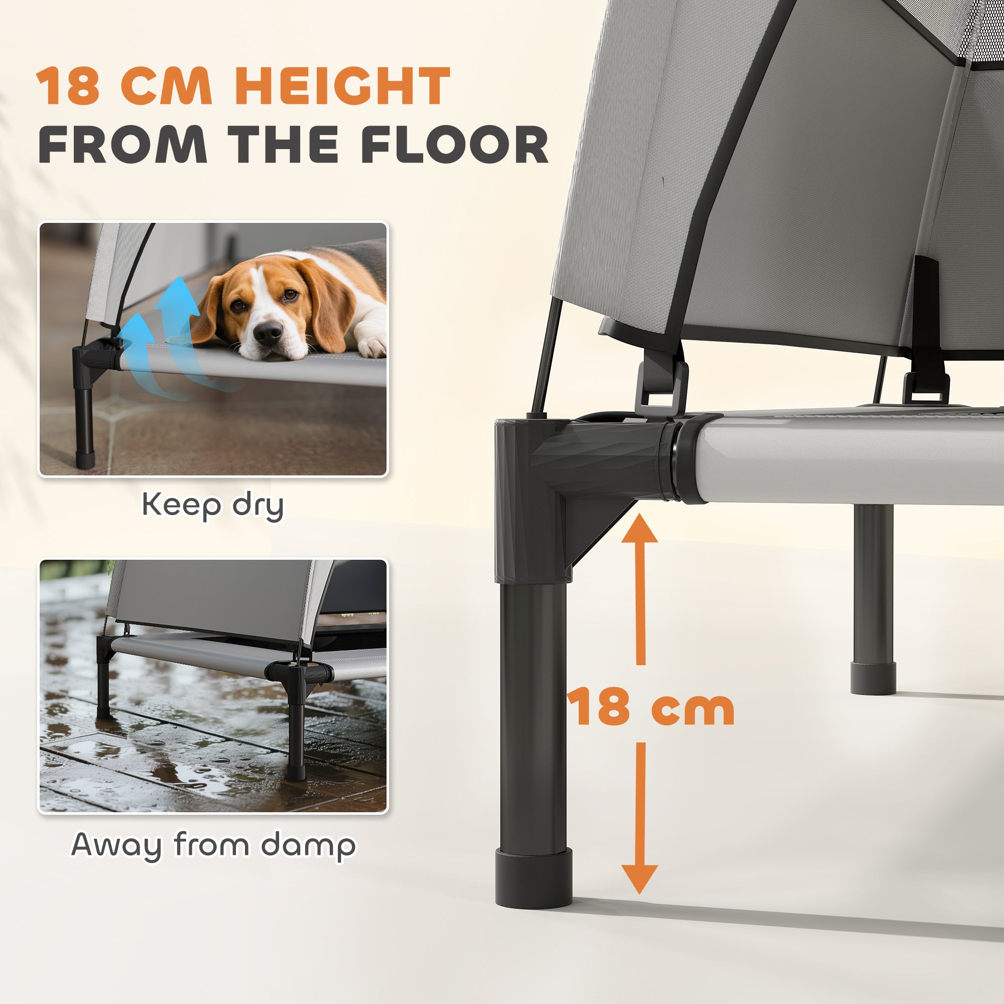 Elevated Outdoor Dog Bed with Canopy — Cooling Pet Lounger for Small to Medium Dogs, Steel Frame, Storage Bag, 30 x 24 x 24 in (Light Gray)