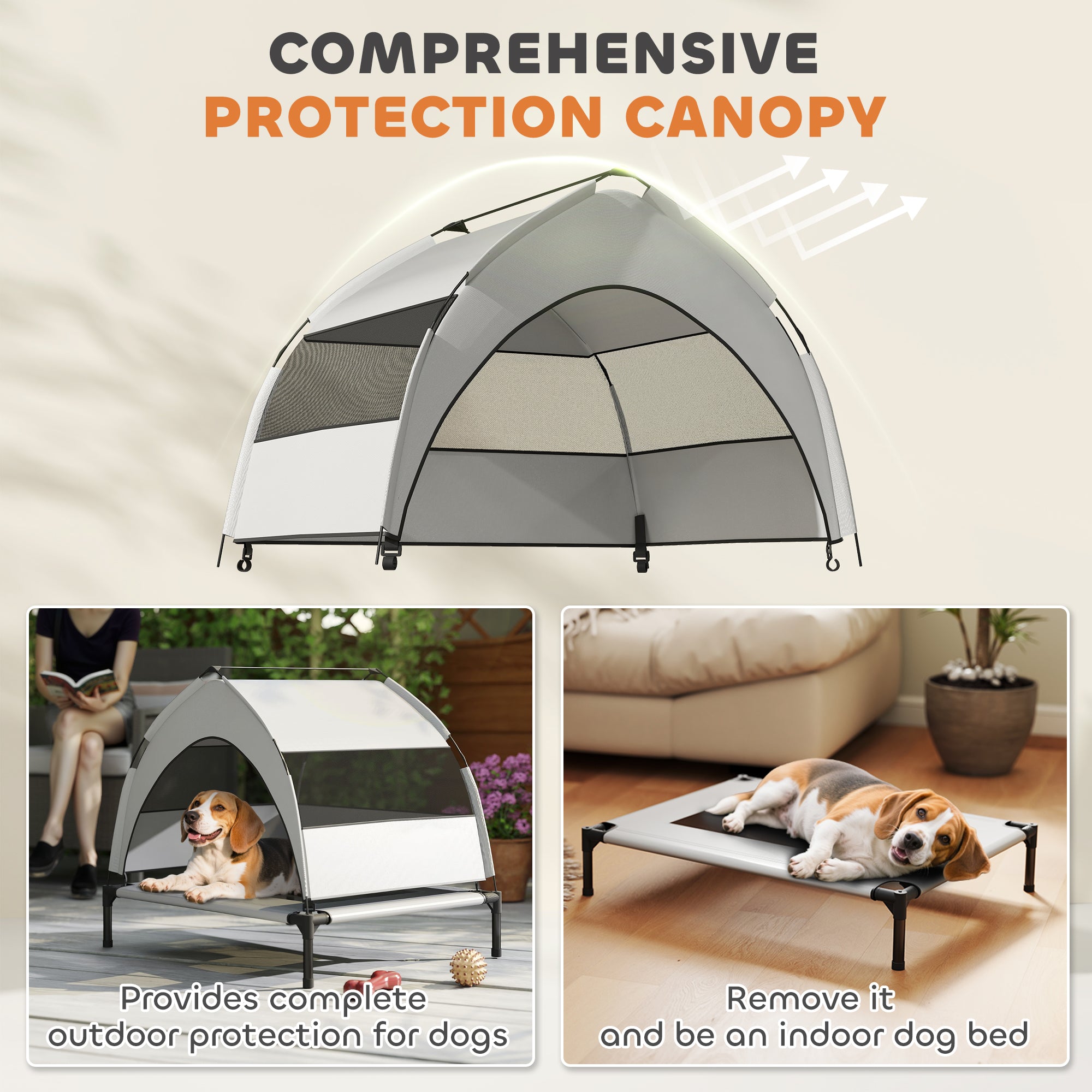 Elevated Outdoor Dog Bed with Canopy — Cooling Pet Lounger for Small to Medium Dogs, Steel Frame, Storage Bag, 30 x 24 x 24 in (Light Gray)