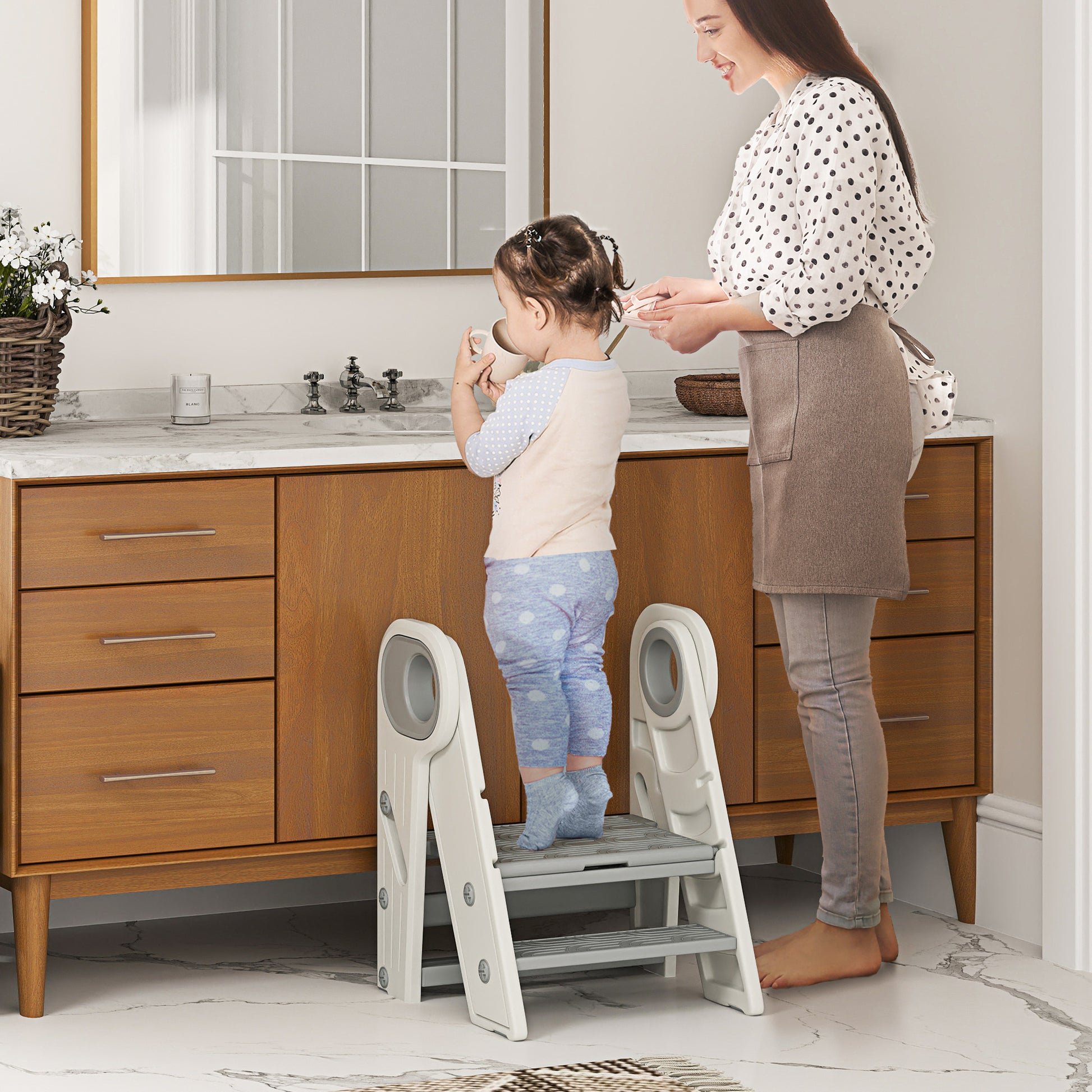 Children's Folding Stool Adjustable Learning Tower Step Stool for Children 18-60 Months old Non-Slip for Bathroom Kitchen Bookshelf Bedroom Gray and White