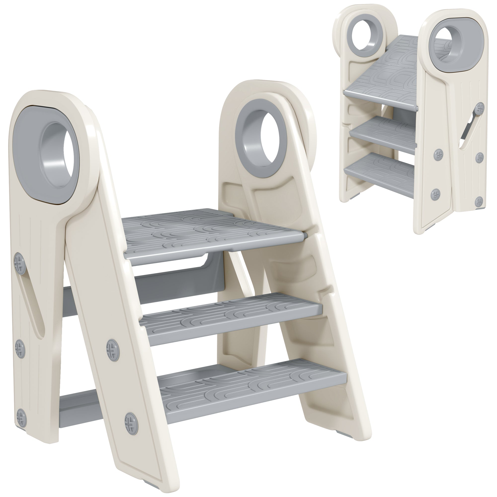 Children's Folding Stool Adjustable Learning Tower Step Stool for Children 18-60 Months old Non-Slip for Bathroom Kitchen Bookshelf Bedroom Gray and White