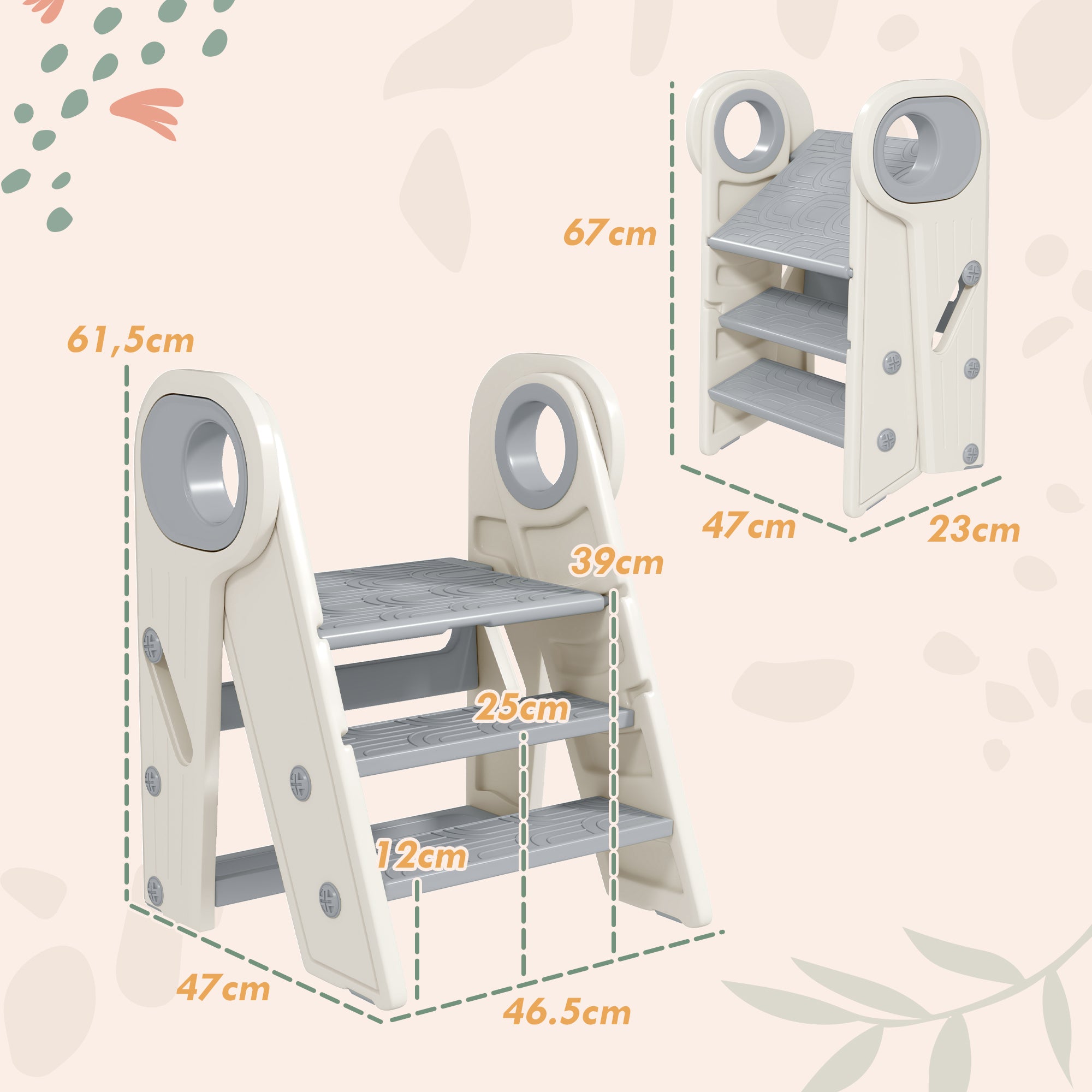 Children's Folding Stool Adjustable Learning Tower Step Stool for Children 18-60 Months old Non-Slip for Bathroom Kitchen Bookshelf Bedroom Gray and White