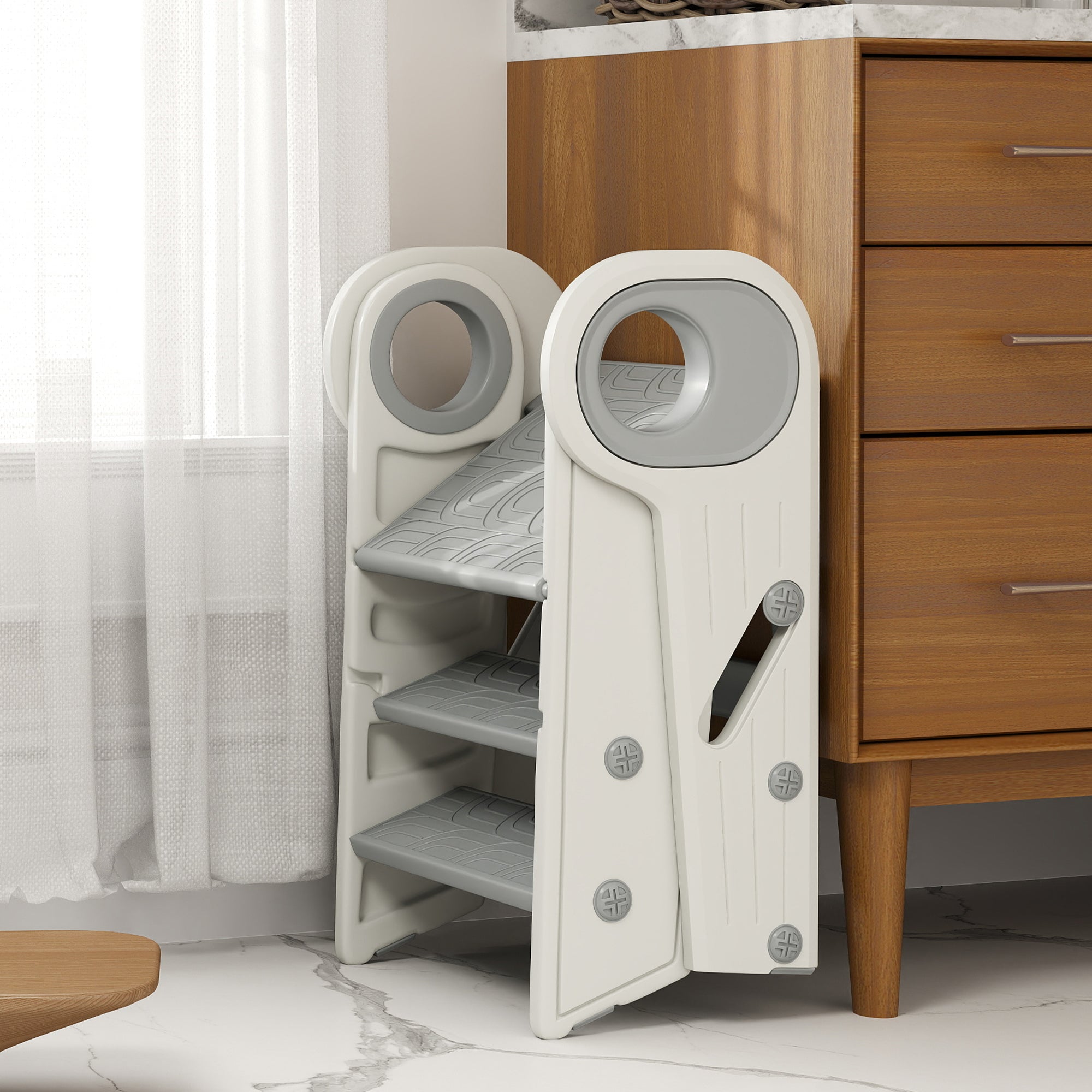 Children's Folding Stool Adjustable Learning Tower Step Stool for Children 18-60 Months old Non-Slip for Bathroom Kitchen Bookshelf Bedroom Gray and White