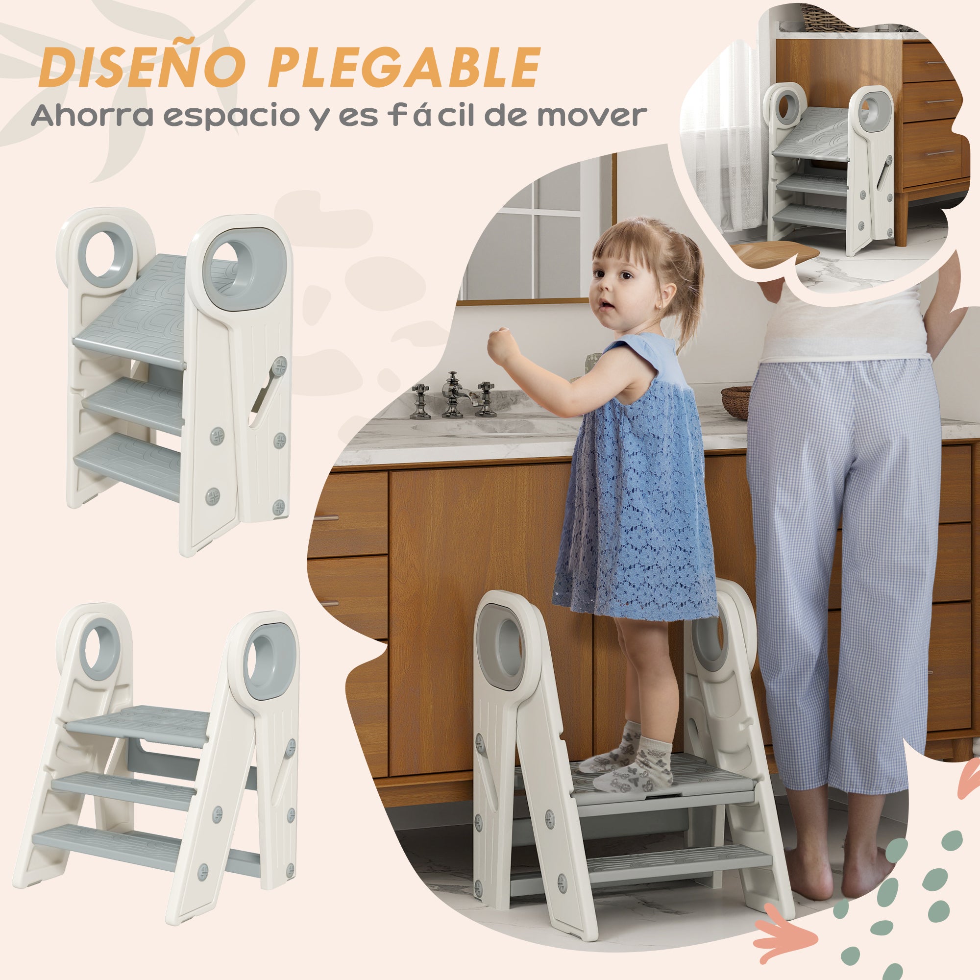 Children's Folding Stool Adjustable Learning Tower Step Stool for Children 18-60 Months old Non-Slip for Bathroom Kitchen Bookshelf Bedroom Gray and White