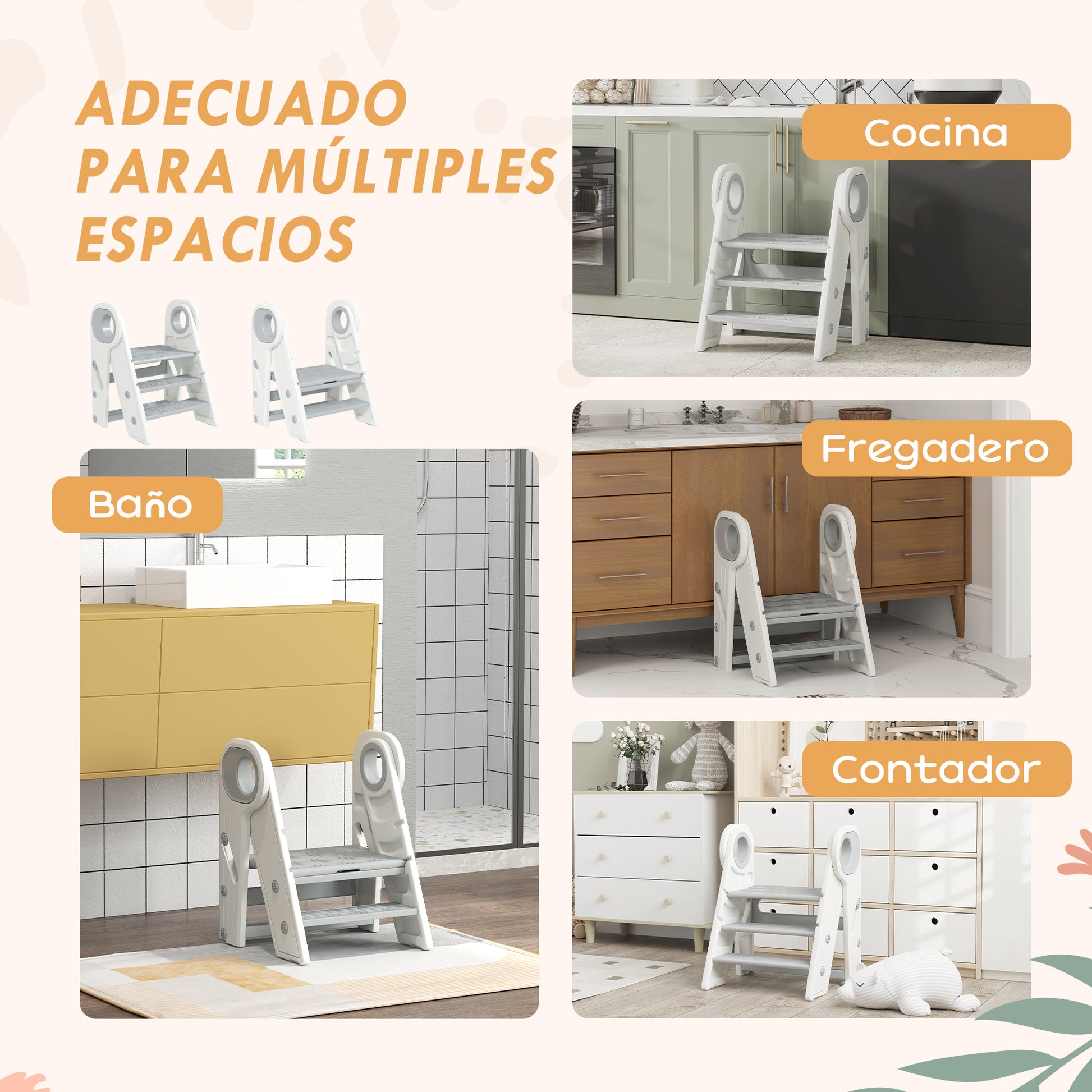 Children's Folding Stool Adjustable Learning Tower Step Stool for Children 18-60 Months old Non-Slip for Bathroom Kitchen Bookshelf Bedroom Gray and White
