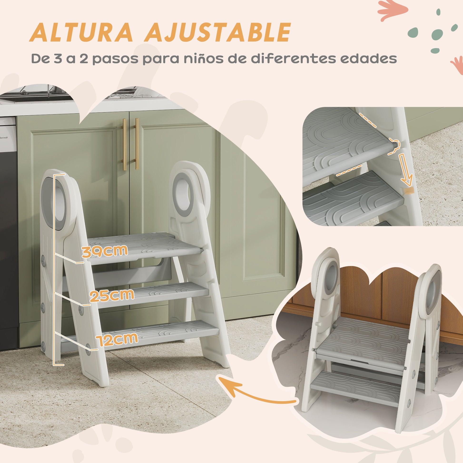 Children's Folding Stool Adjustable Learning Tower Step Stool for Children 18-60 Months old Non-Slip for Bathroom Kitchen Bookshelf Bedroom Gray and White