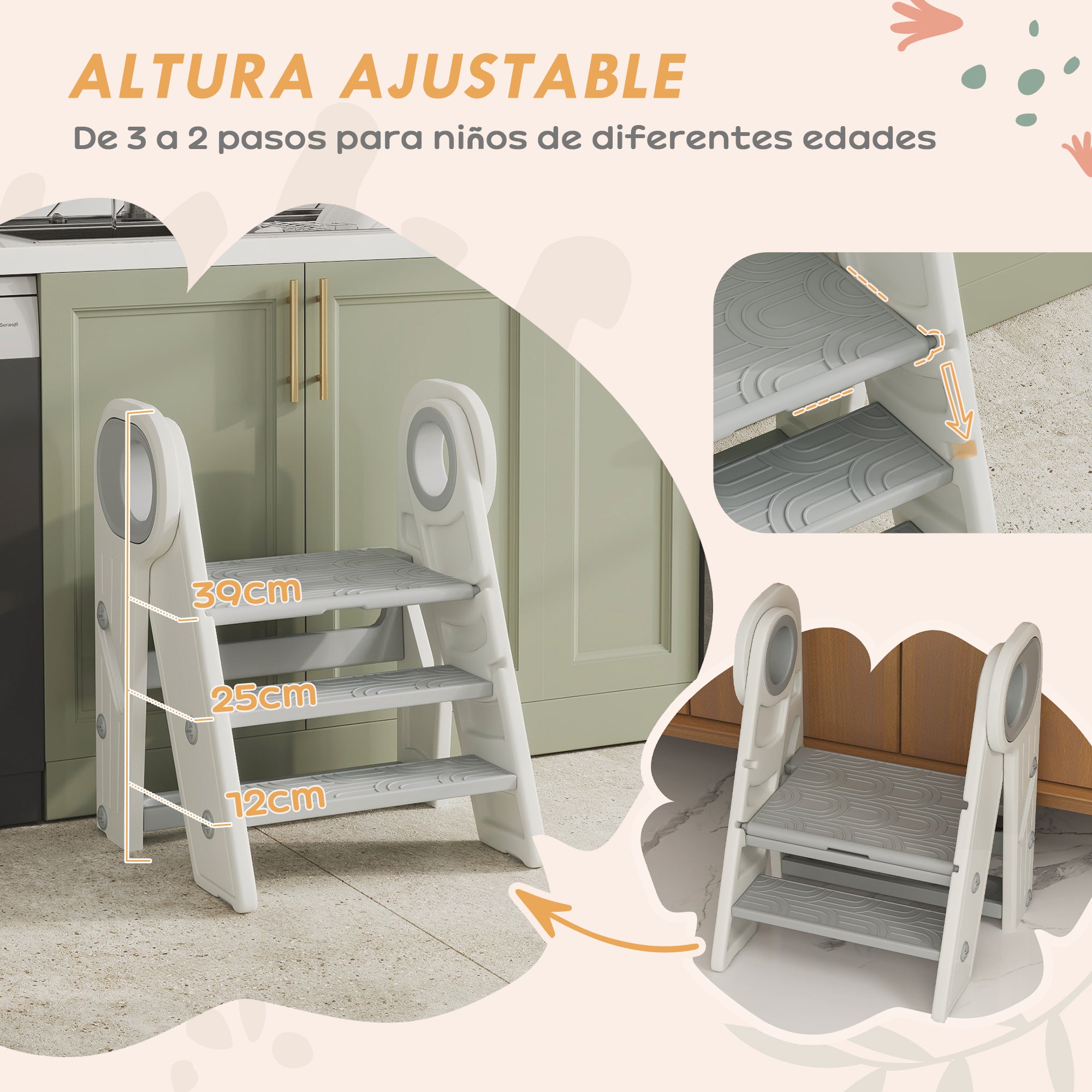 Children's Folding Stool Adjustable Learning Tower Step Stool for Children 18-60 Months old Non-Slip for Bathroom Kitchen Bookshelf Bedroom Gray and White