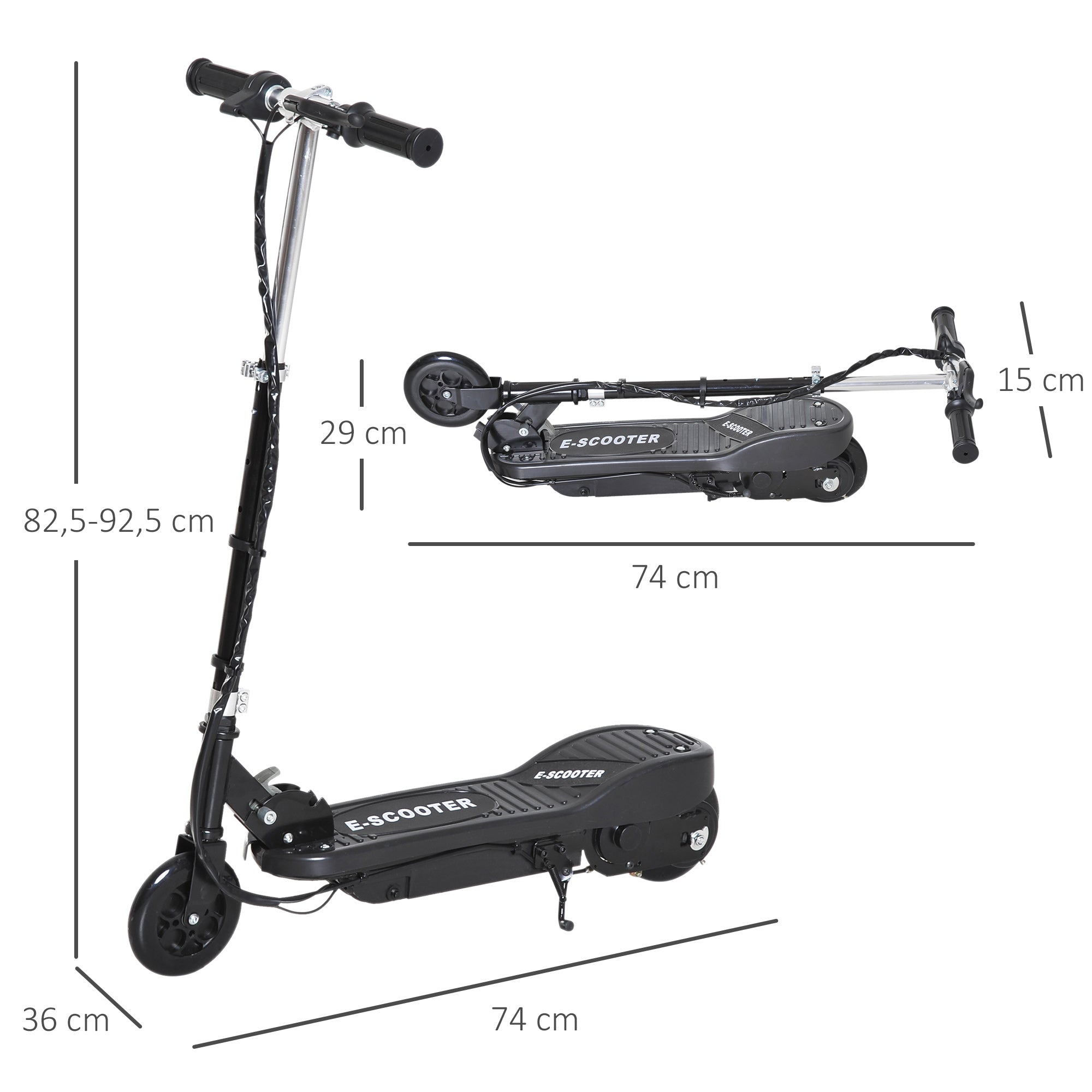 Electric Scooter for Kids 7+ Years Foldable Scooter with Adjustable Height Rechargeable 24V Battery Speed up to 12 km/h and Brake Load 50 kg 74x36x82.5-92.5 cm Black