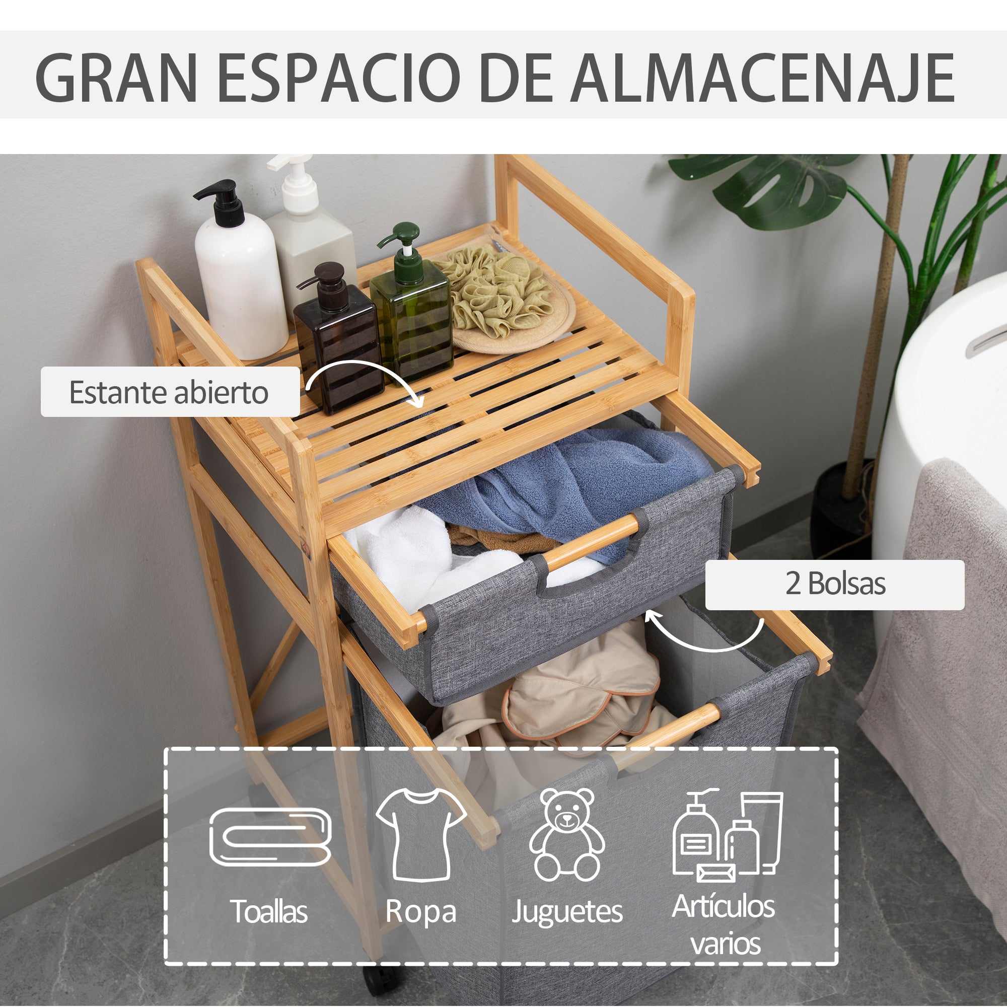 Bamboo Laundry Basket Dirty Clothes Basket with 2 Removable Fabric Bags Open Shelf 2 Side Handles and 4 Wheels 16.5x13.8x33.3 inches Gray
