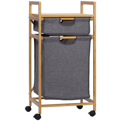 Bamboo Laundry Basket Dirty Clothes Basket with 2 Removable Fabric Bags Open Shelf 2 Side Handles and 4 Wheels 16.5x13.8x33.3 inches Gray