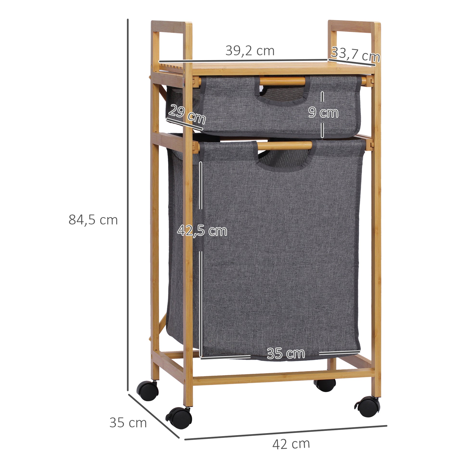 Bamboo Laundry Basket Dirty Clothes Basket with 2 Removable Fabric Bags Open Shelf 2 Side Handles and 4 Wheels 16.5x13.8x33.3 inches Gray