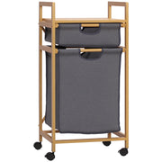Bamboo Laundry Basket Dirty Clothes Basket with 2 Removable Fabric Bags Open Shelf 2 Side Handles and 4 Wheels 16.5x13.8x33.3 inches Gray