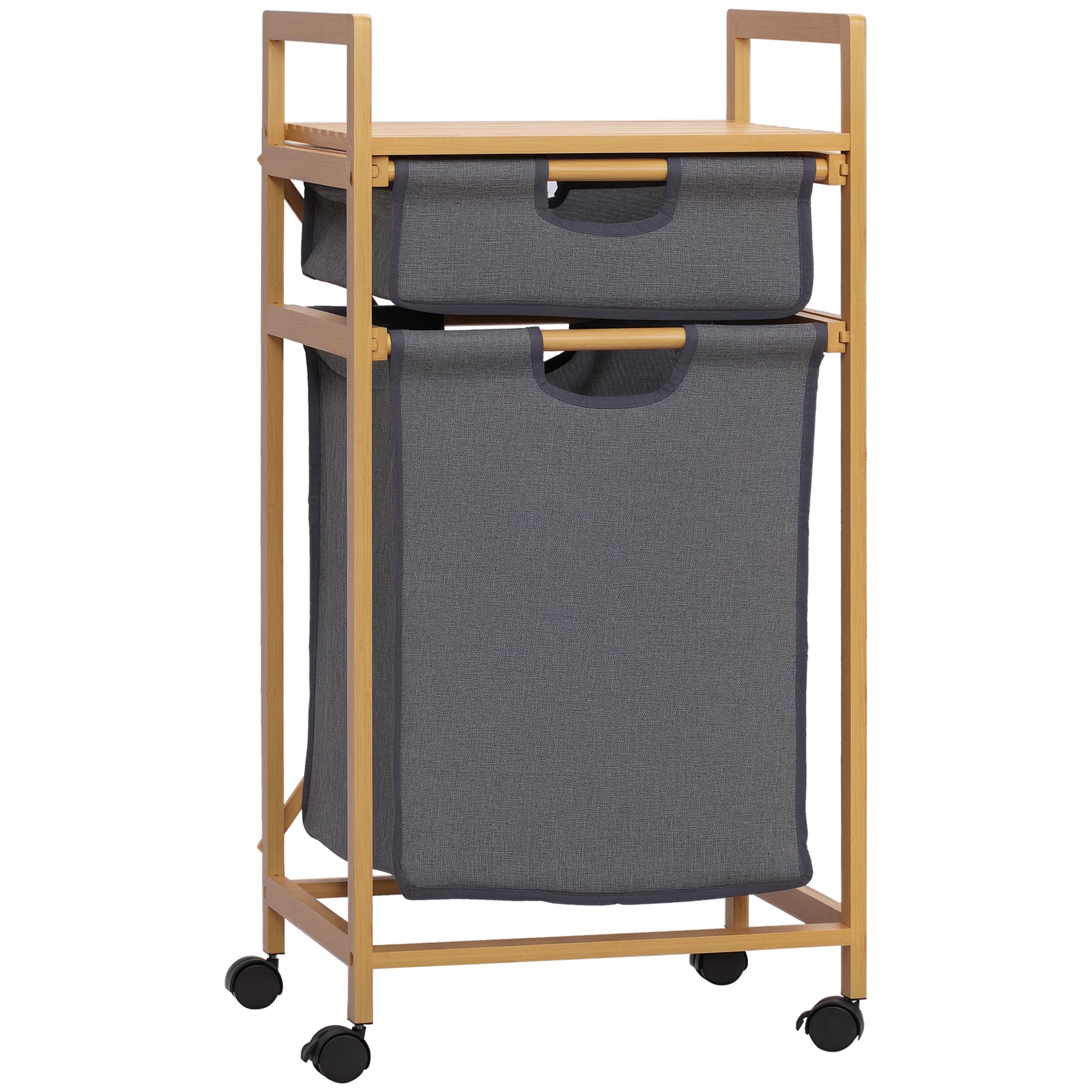 Bamboo Laundry Basket Dirty Clothes Basket with 2 Removable Fabric Bags Open Shelf 2 Side Handles and 4 Wheels 16.5x13.8x33.3 inches Gray