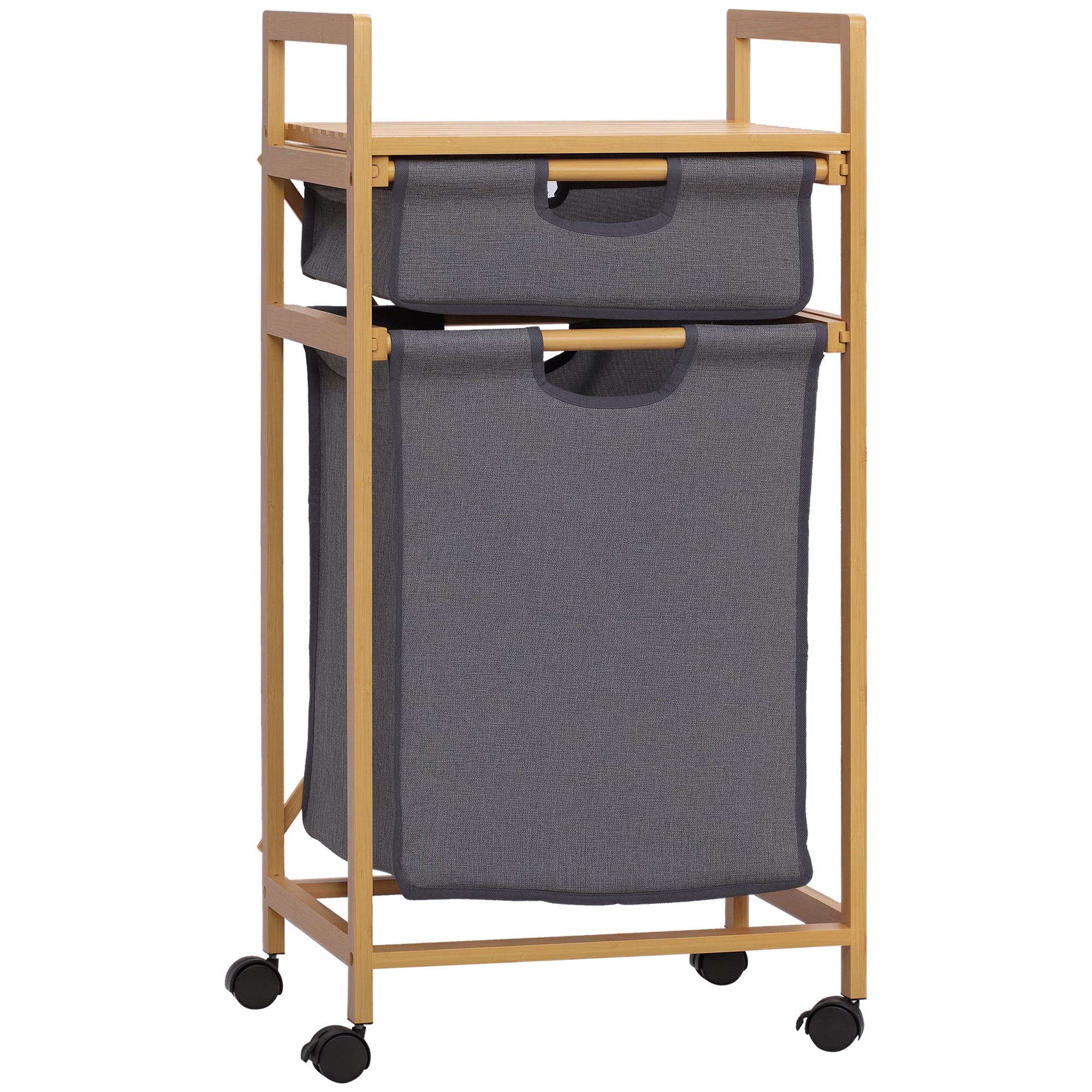 Bamboo Laundry Basket Dirty Clothes Basket with 2 Removable Fabric Bags Open Shelf 2 Side Handles and 4 Wheels 16.5x13.8x33.3 inches Gray