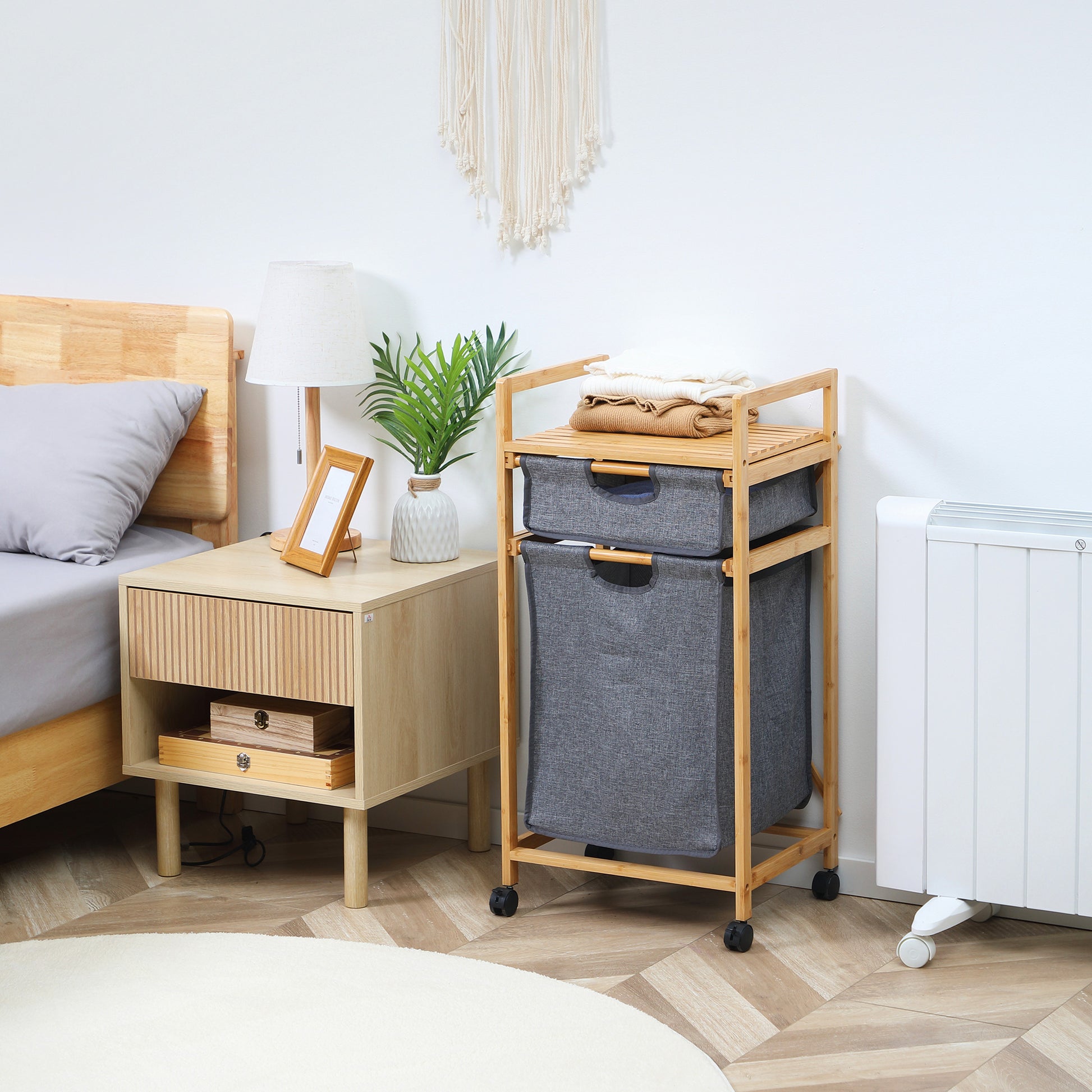 Bamboo Laundry Basket Dirty Clothes Basket with 2 Removable Fabric Bags Open Shelf 2 Side Handles and 4 Wheels 16.5x13.8x33.3 inches Gray