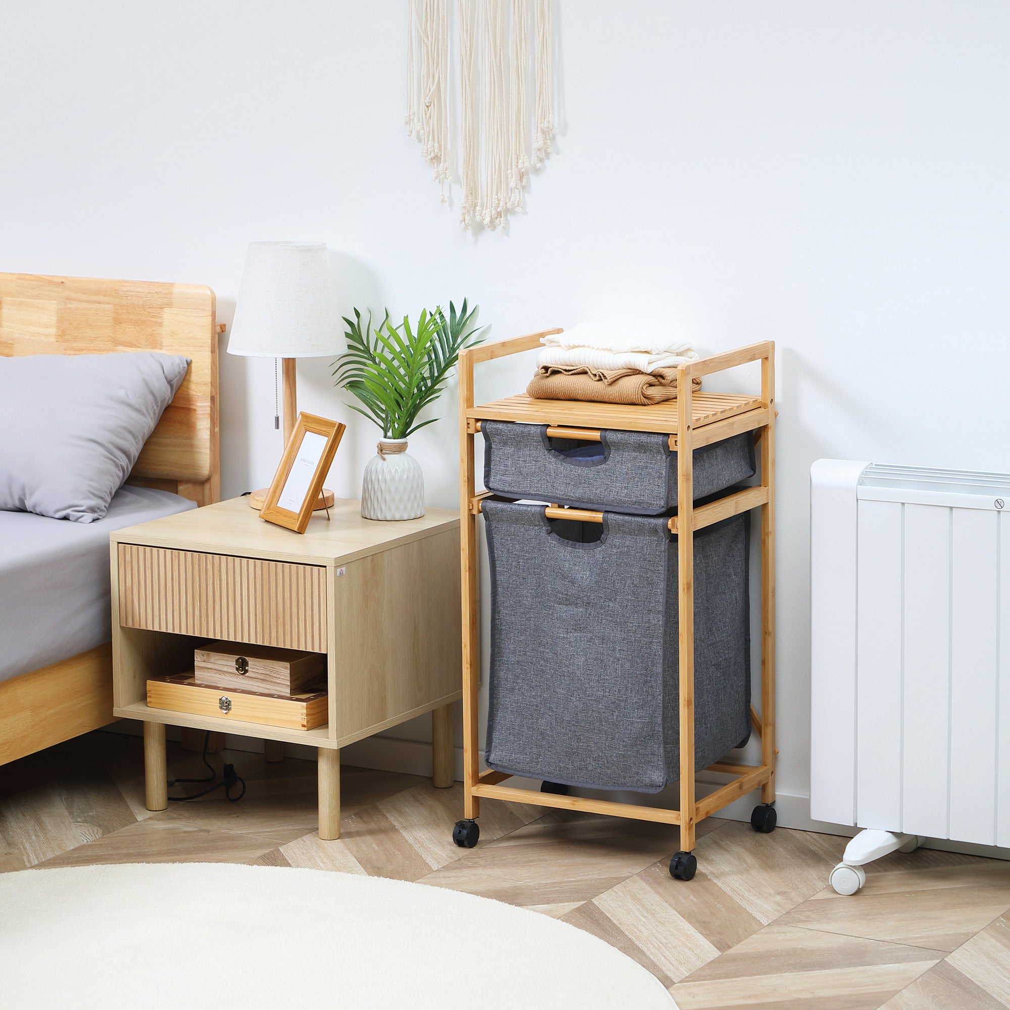 Bamboo Laundry Basket Dirty Clothes Basket with 2 Removable Fabric Bags Open Shelf 2 Side Handles and 4 Wheels 16.5x13.8x33.3 inches Gray