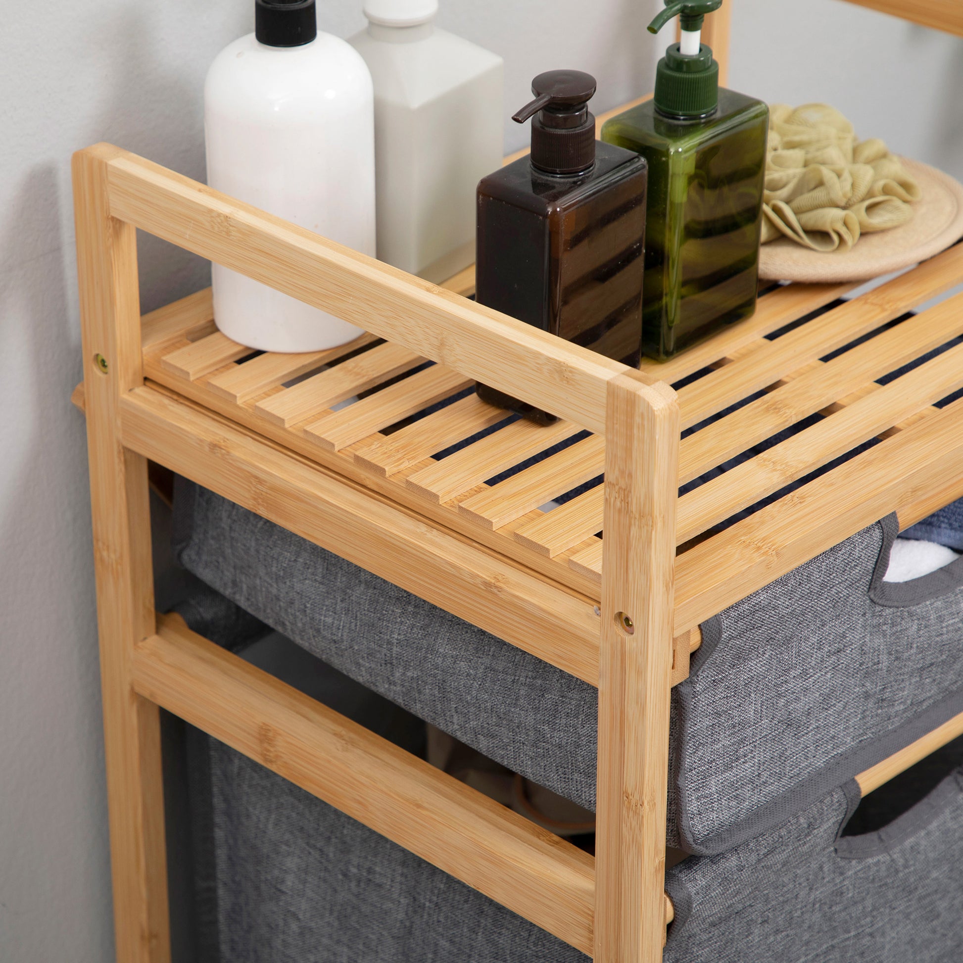 Bamboo Laundry Basket Dirty Clothes Basket with 2 Removable Fabric Bags Open Shelf 2 Side Handles and 4 Wheels 16.5x13.8x33.3 inches Gray