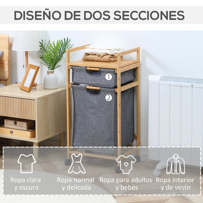 Bamboo Laundry Basket Dirty Clothes Basket with 2 Removable Fabric Bags Open Shelf 2 Side Handles and 4 Wheels 16.5x13.8x33.3 inches Gray
