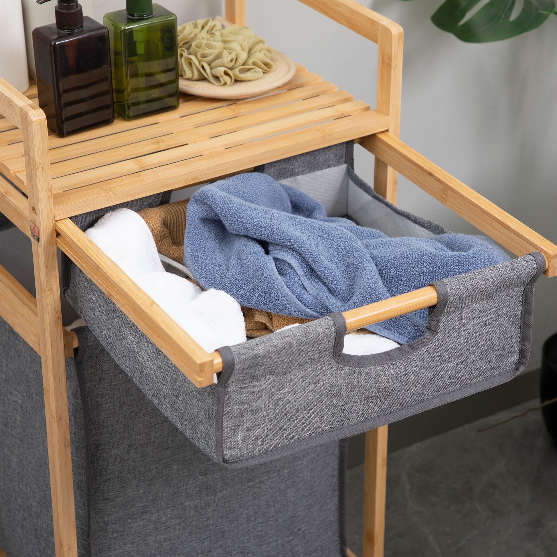 Bamboo Laundry Basket Dirty Clothes Basket with 2 Removable Fabric Bags Open Shelf 2 Side Handles and 4 Wheels 16.5x13.8x33.3 inches Gray
