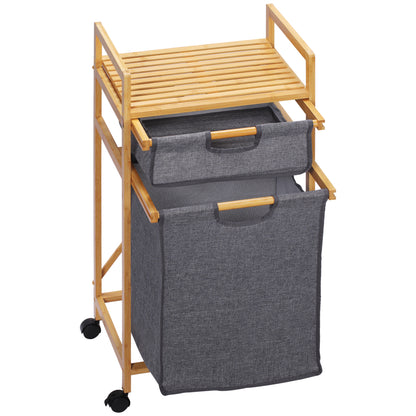Bamboo Laundry Basket Dirty Clothes Basket with 2 Removable Fabric Bags Open Shelf 2 Side Handles and 4 Wheels 16.5x13.8x33.3 inches Gray