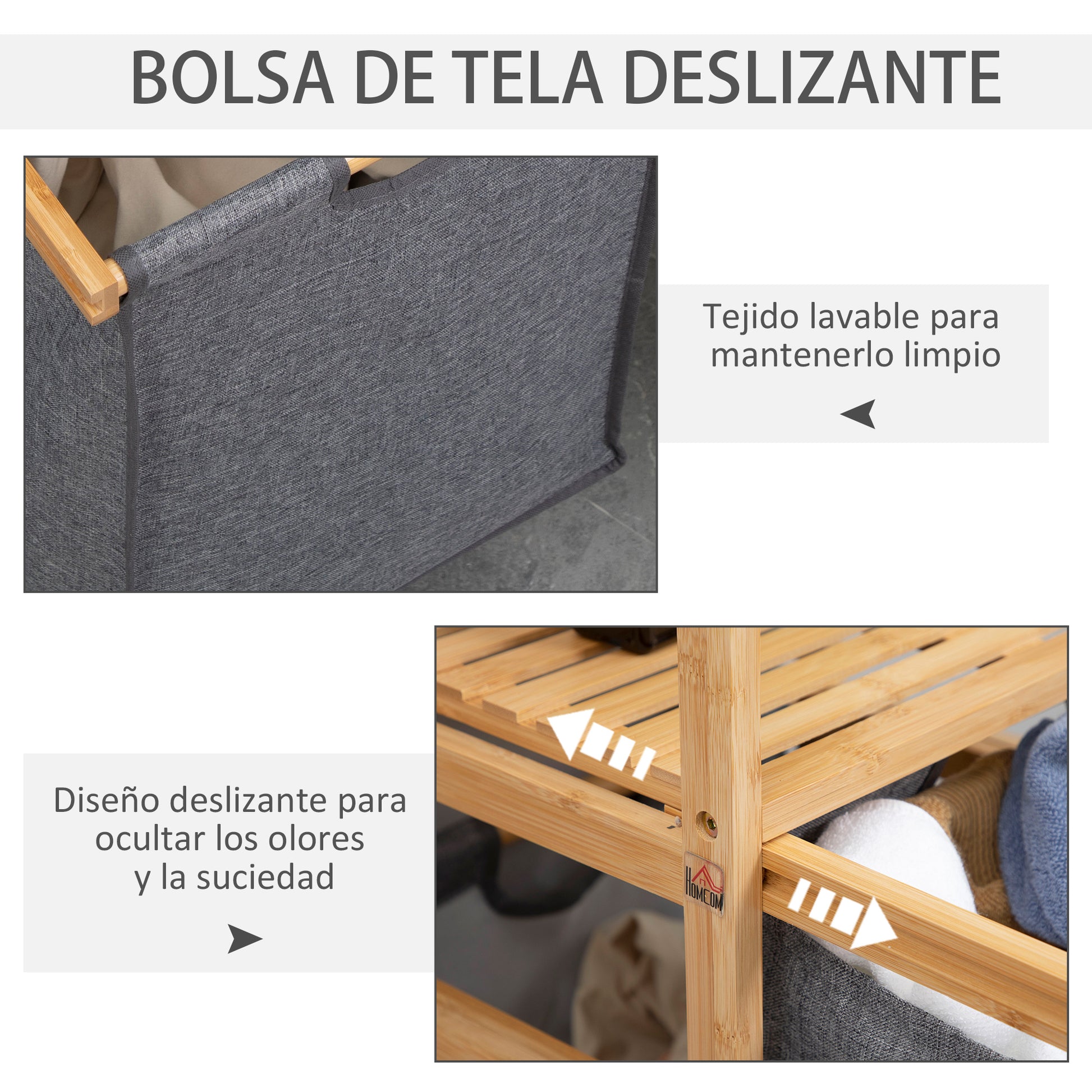 Bamboo Laundry Basket Dirty Clothes Basket with 2 Removable Fabric Bags Open Shelf 2 Side Handles and 4 Wheels 16.5x13.8x33.3 inches Gray