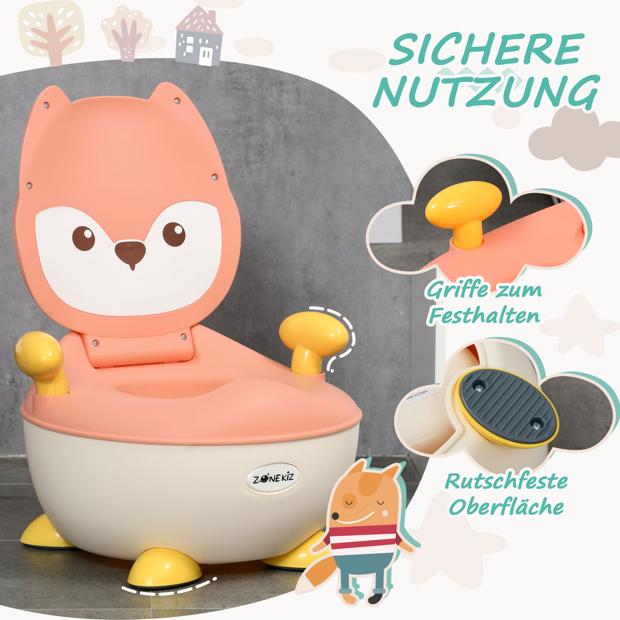 ZONEKIZ Kids Potty Training Toilet in Fox Design, Children's Toilet Seat with Backrest Removable Pot Handle Potty Chair for Toilet Training Potty Trainer for Toddlers 0.5 to 3 Years Pink