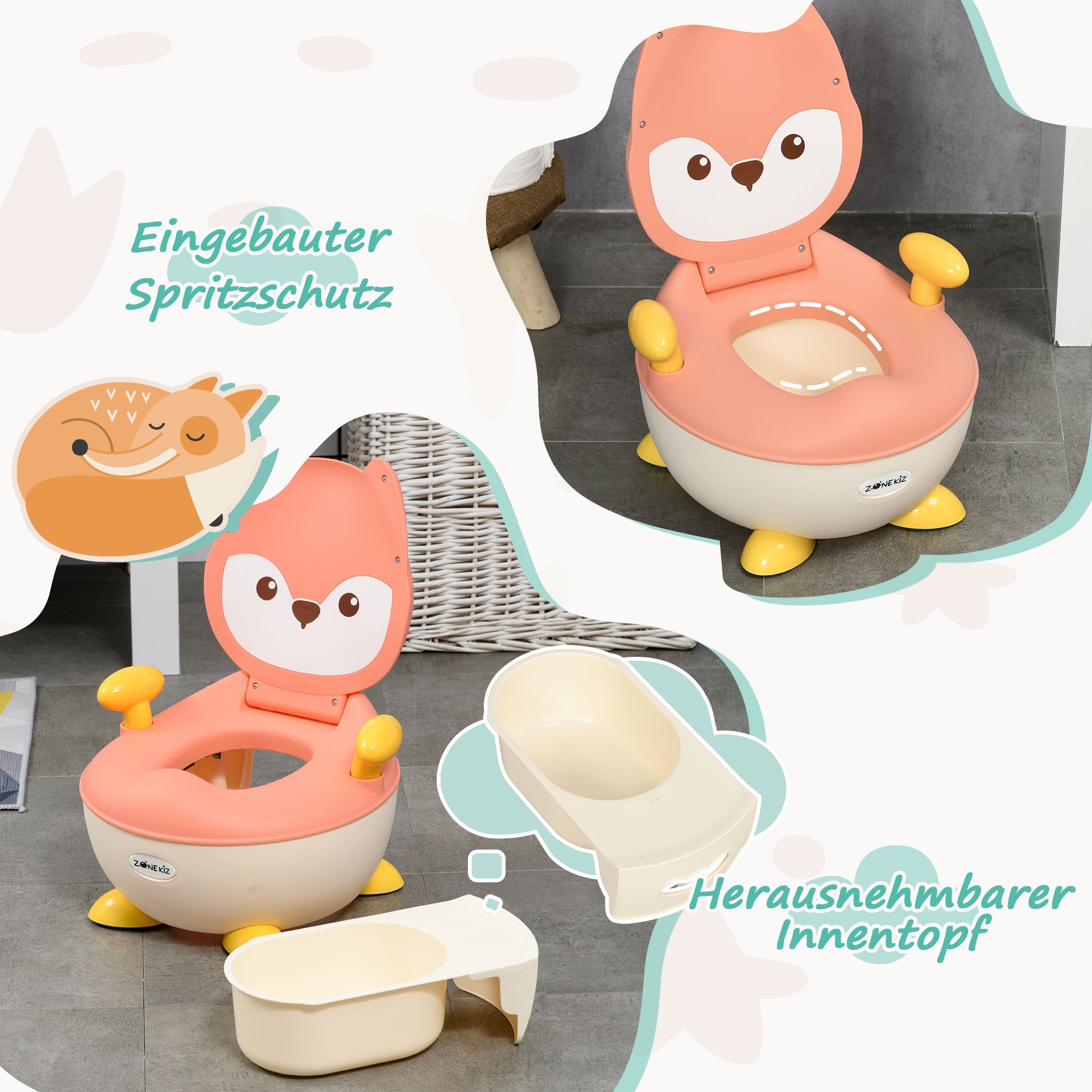 ZONEKIZ Kids Potty Training Toilet in Fox Design, Children's Toilet Seat with Backrest Removable Pot Handle Potty Chair for Toilet Training Potty Trainer for Toddlers 0.5 to 3 Years Pink