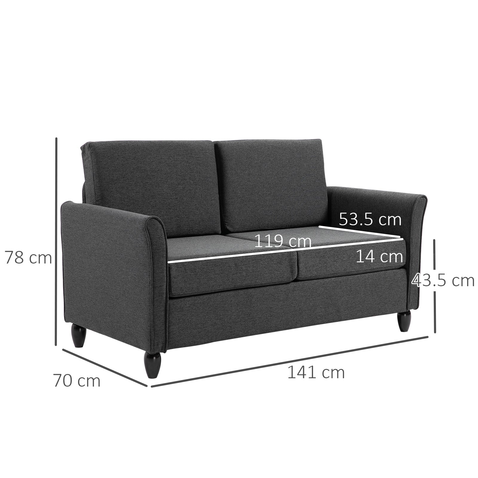 Wide Seat 2-Seater Sofa with Removable Cushions for Living Room in Linen Effect Fabric and Foam, 141x70x78 cm, Dark Gray and Black