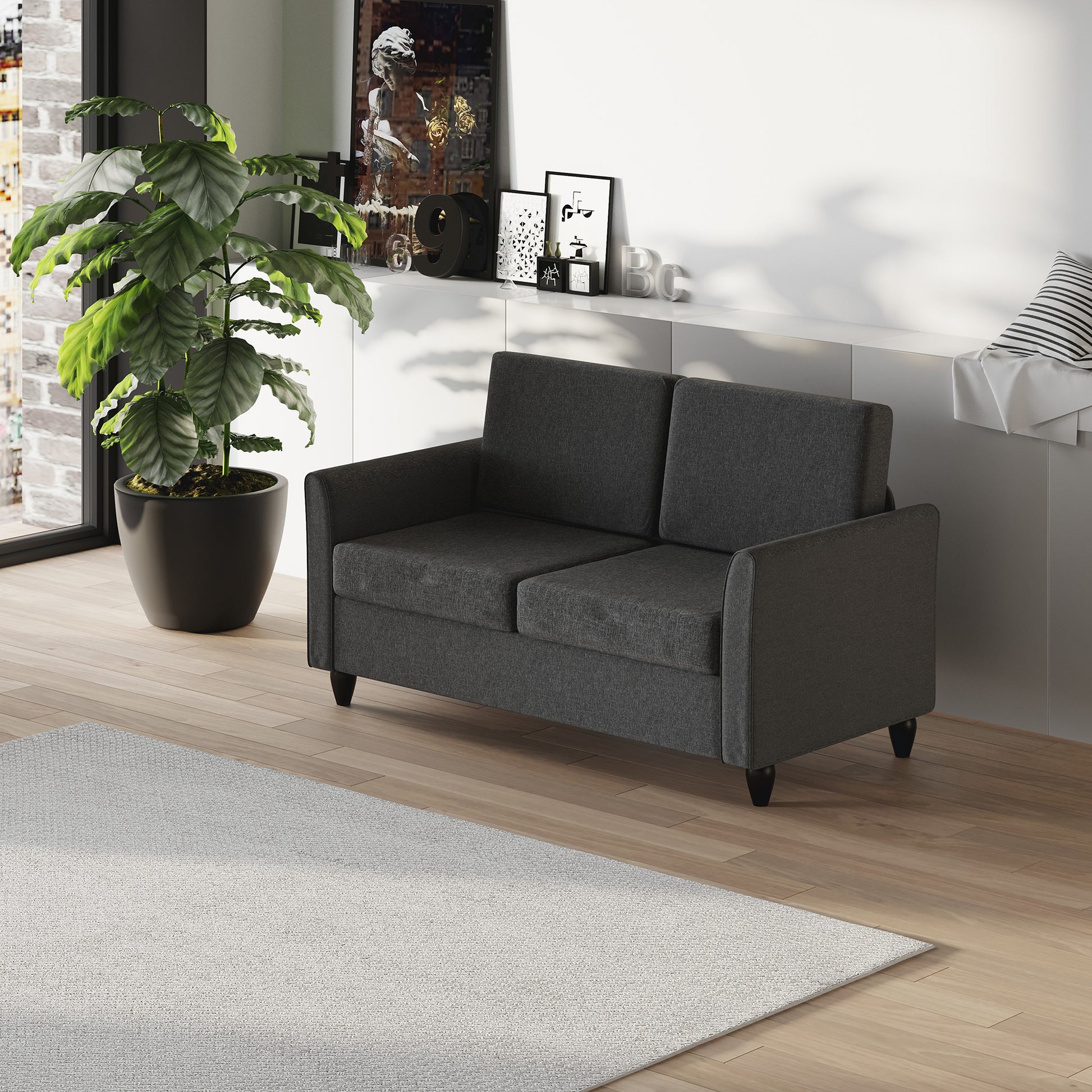 Wide Seat 2-Seater Sofa with Removable Cushions for Living Room in Linen Effect Fabric and Foam, 141x70x78 cm, Dark Gray and Black