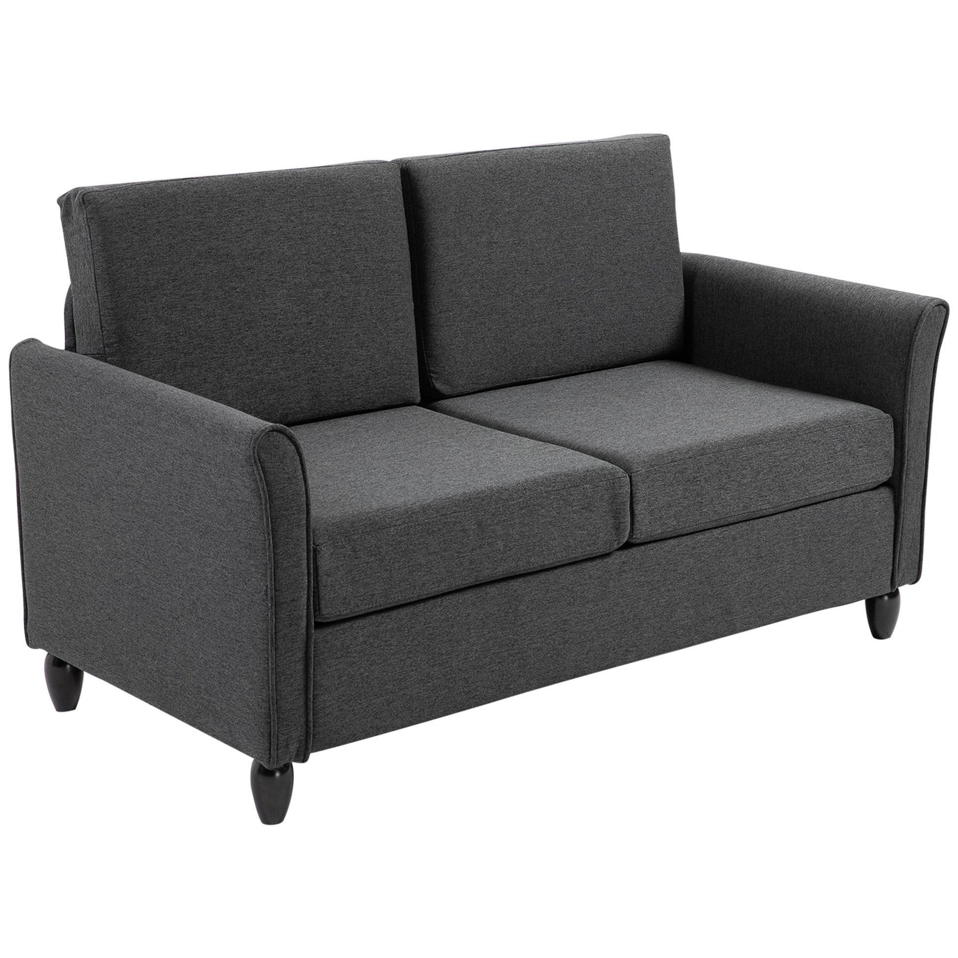 Wide Seat 2-Seater Sofa with Removable Cushions for Living Room in Linen Effect Fabric and Foam, 141x70x78 cm, Dark Gray and Black
