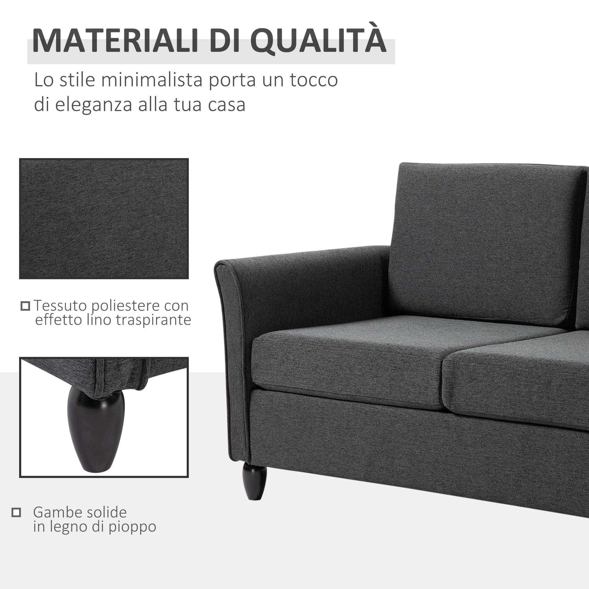 Wide Seat 2-Seater Sofa with Removable Cushions for Living Room in Linen Effect Fabric and Foam, 141x70x78 cm, Dark Gray and Black
