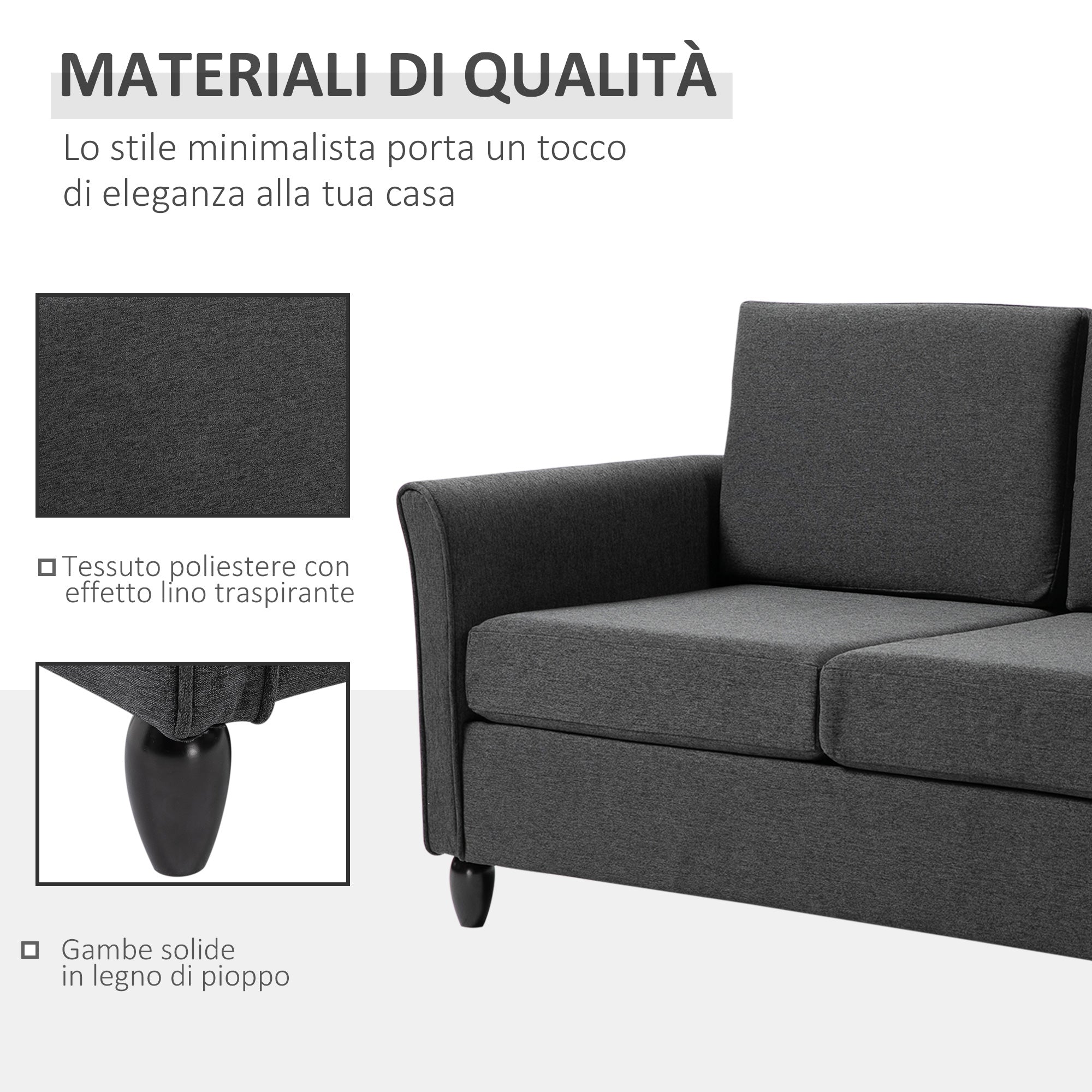 Wide Seat 2-Seater Sofa with Removable Cushions for Living Room in Linen Effect Fabric and Foam, 141x70x78 cm, Dark Gray and Black