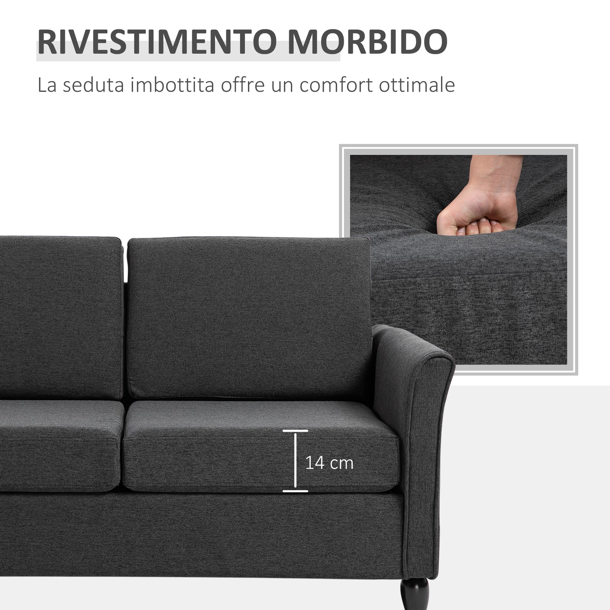 Wide Seat 2-Seater Sofa with Removable Cushions for Living Room in Linen Effect Fabric and Foam, 141x70x78 cm, Dark Gray and Black