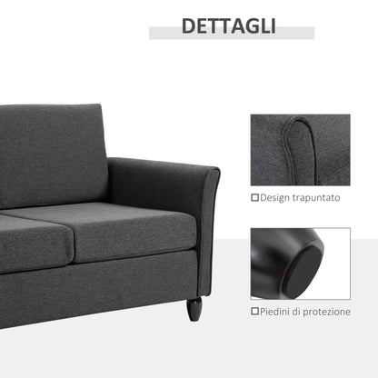 Wide Seat 2-Seater Sofa with Removable Cushions for Living Room in Linen Effect Fabric and Foam, 141x70x78 cm, Dark Gray and Black