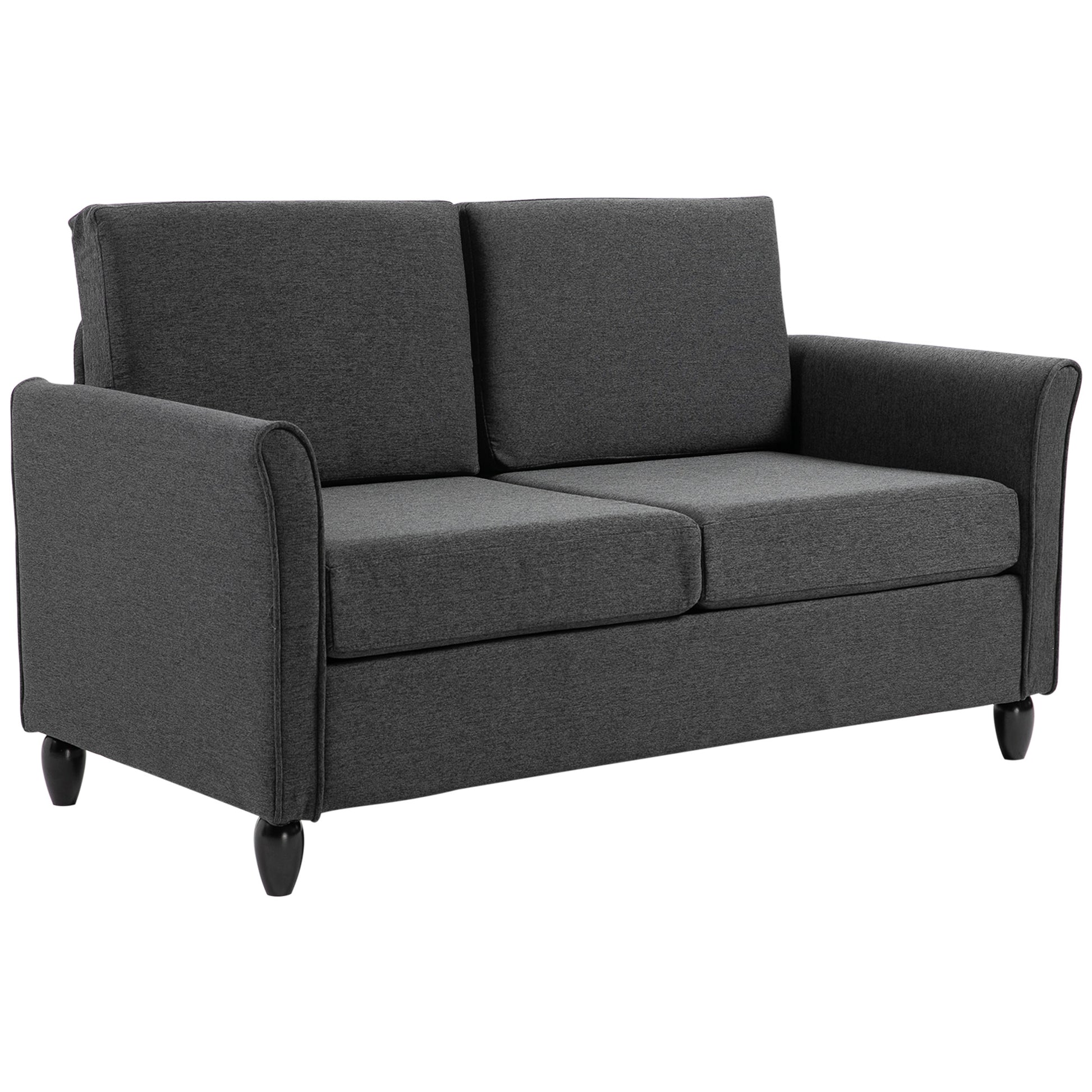 Wide Seat 2-Seater Sofa with Removable Cushions for Living Room in Linen Effect Fabric and Foam, 141x70x78 cm, Dark Gray and Black