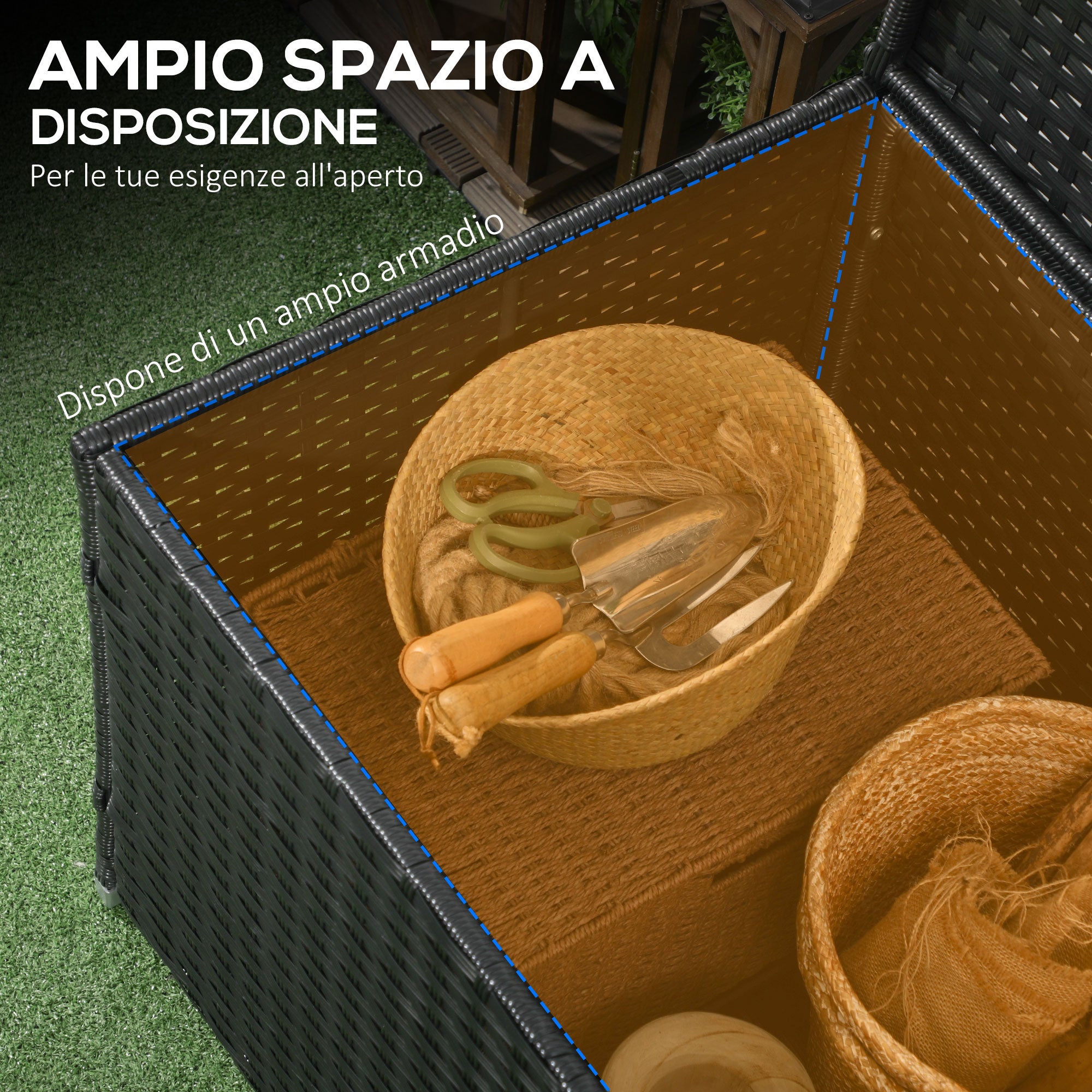 Garden Box in Rattan and Steel, Outdoor Container with Lid 95x60x53cm, Black