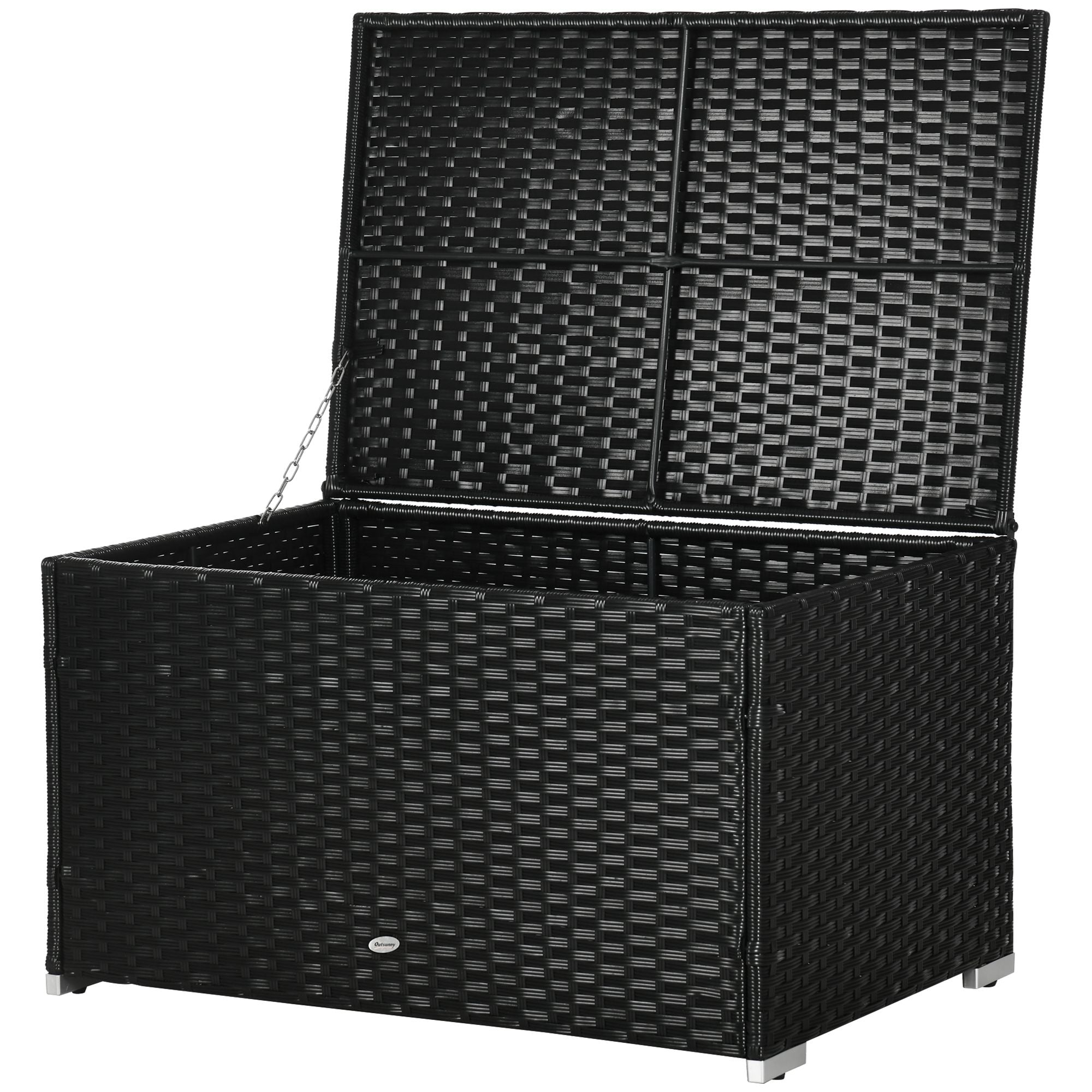 Garden Box in Rattan and Steel, Outdoor Container with Lid 95x60x53cm, Black